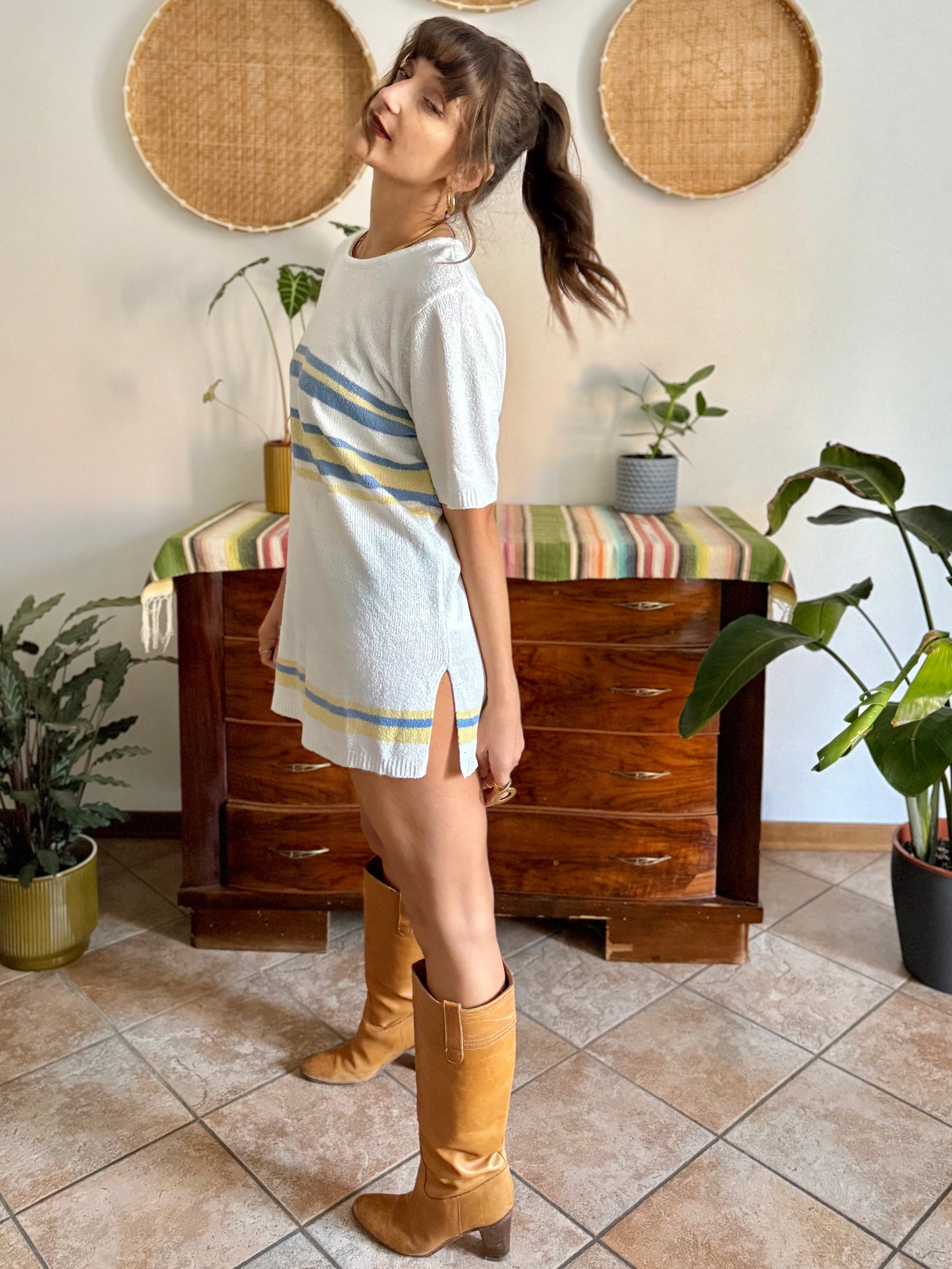 1990's vintage cream knit mini dress with blue and yellow stripes