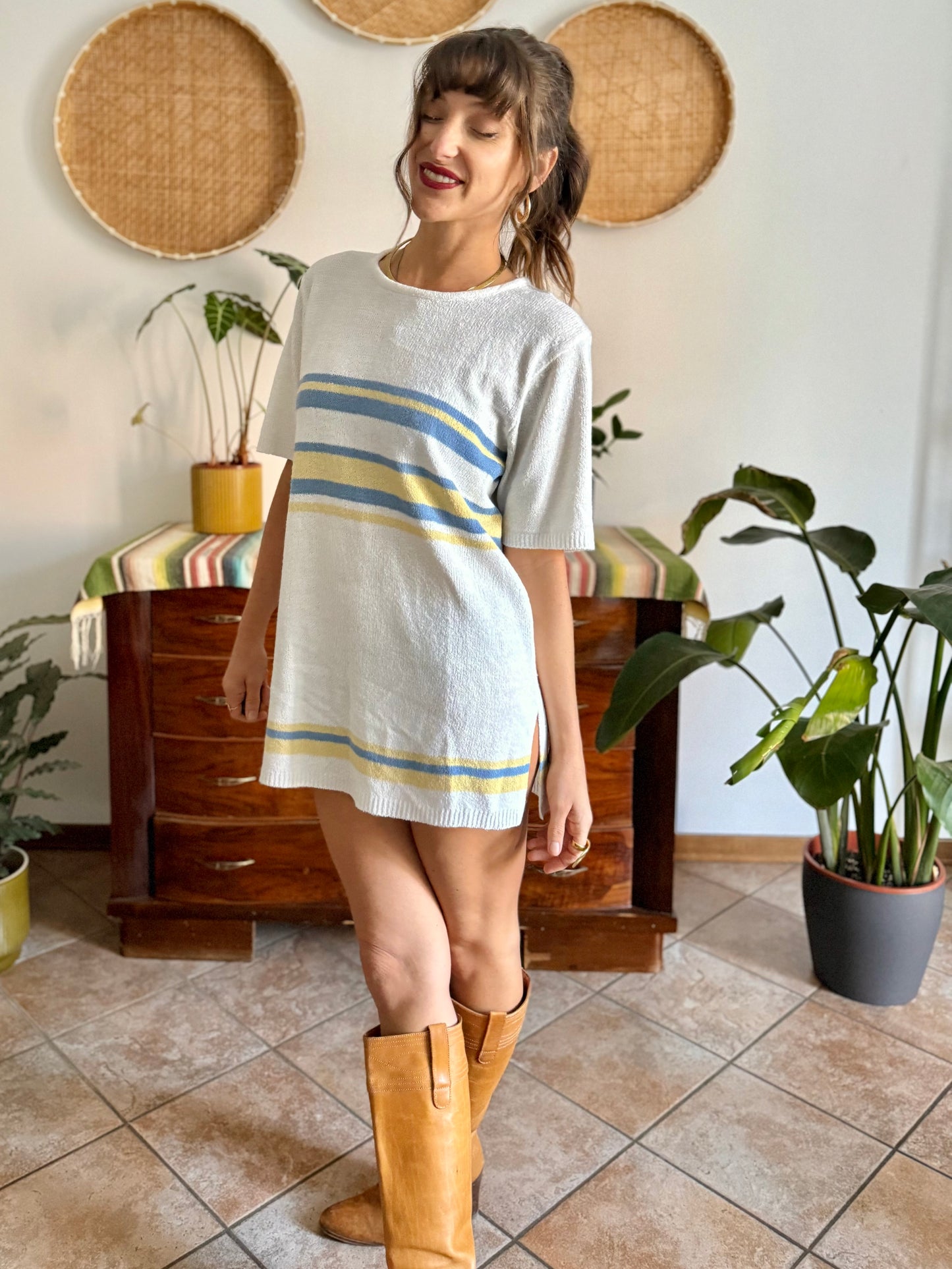 1990's vintage cream knit mini dress with blue and yellow stripes