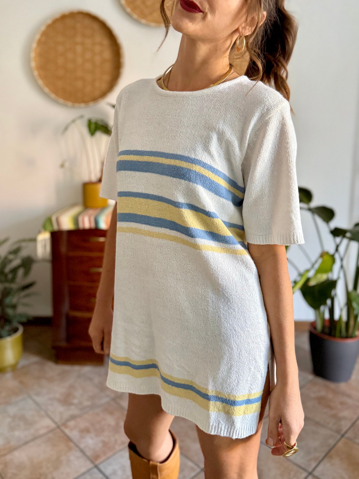 1990's vintage cream knit mini dress with blue and yellow stripes