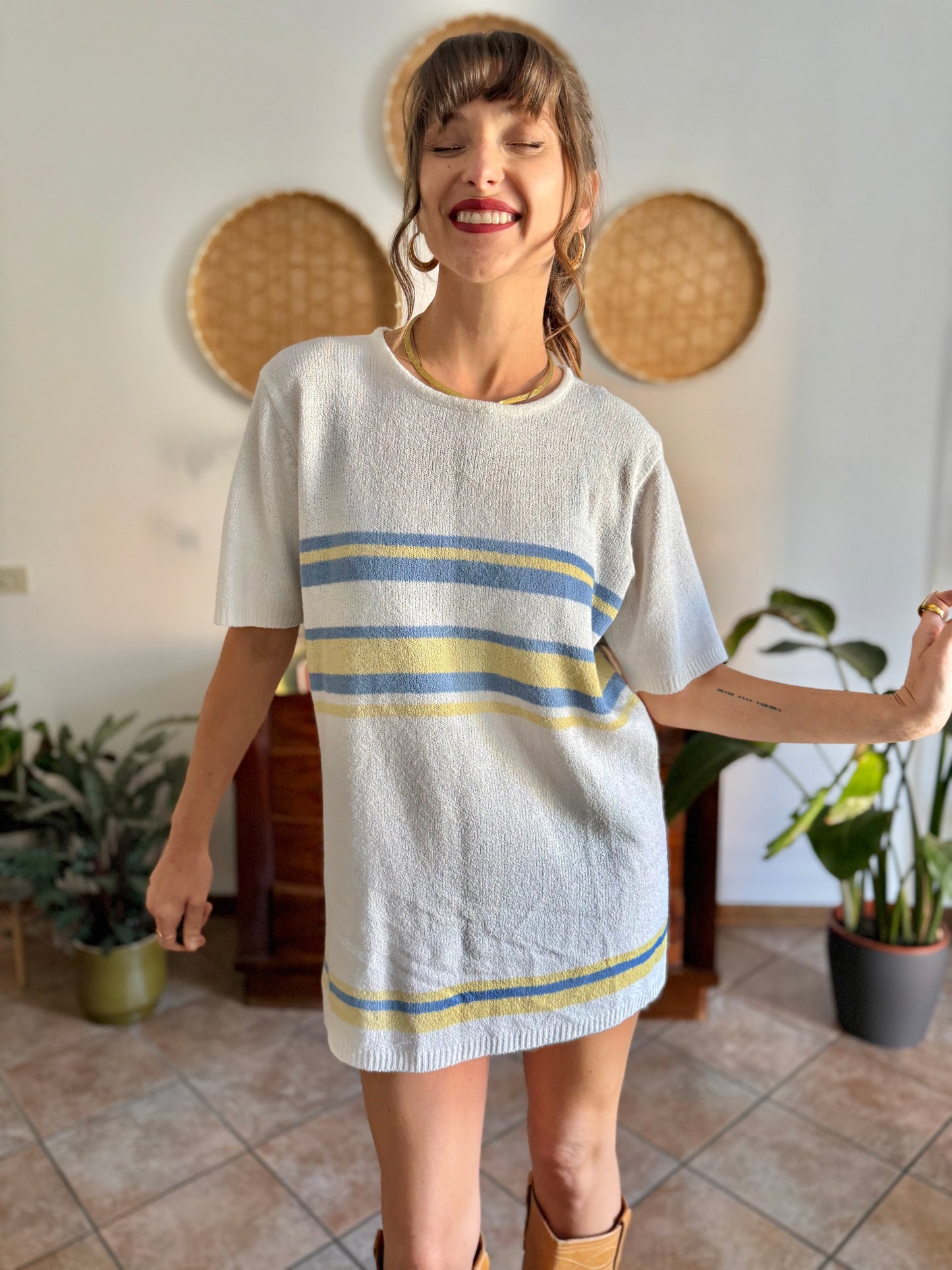 1990's vintage cream knit mini dress with blue and yellow stripes