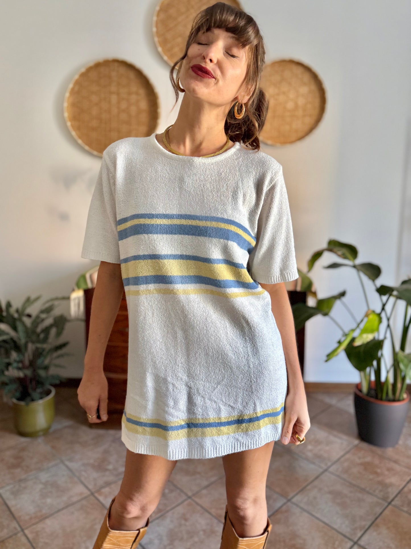 1990's vintage cream knit mini dress with blue and yellow stripes