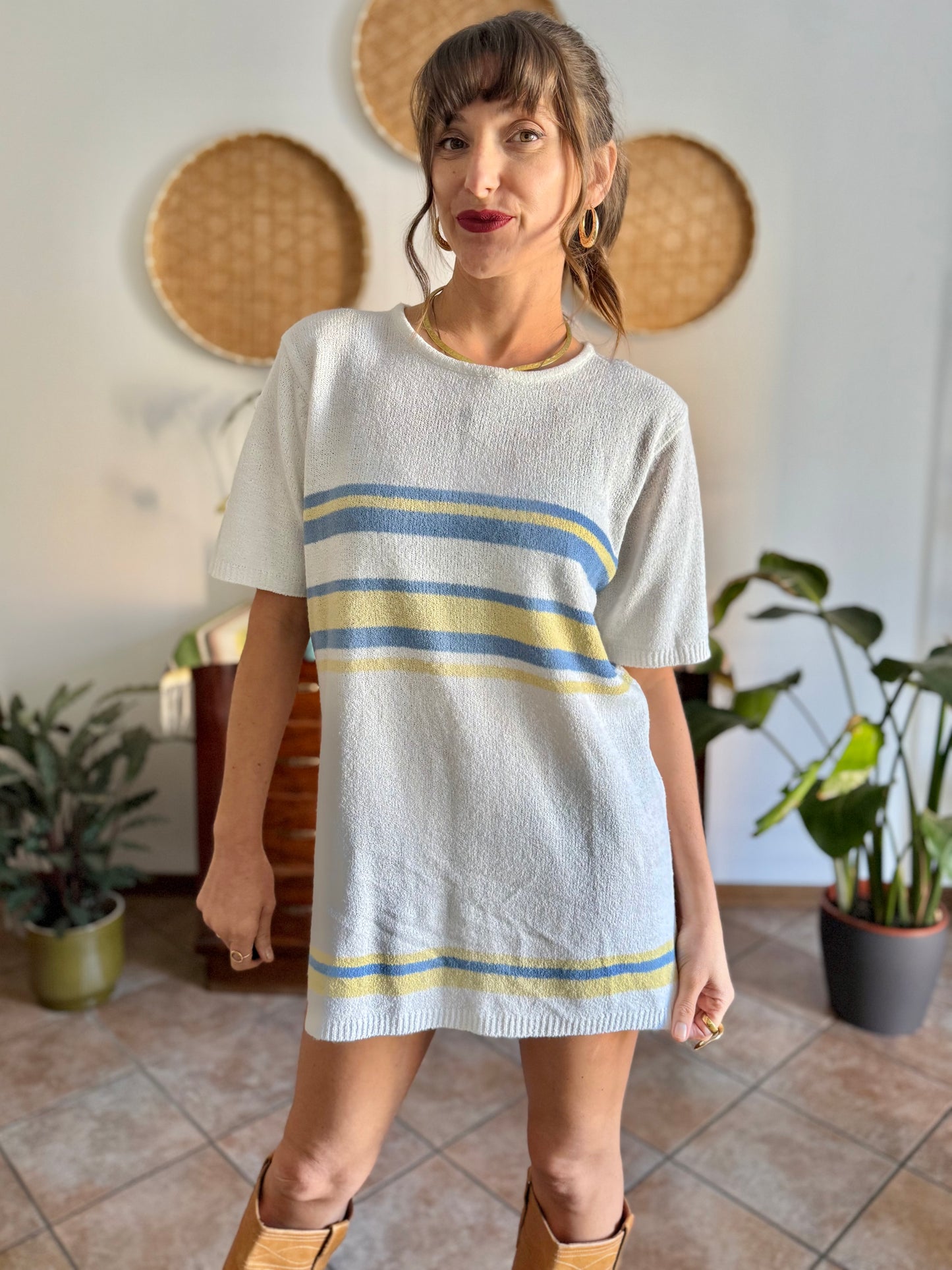 1990's vintage cream knit mini dress with blue and yellow stripes