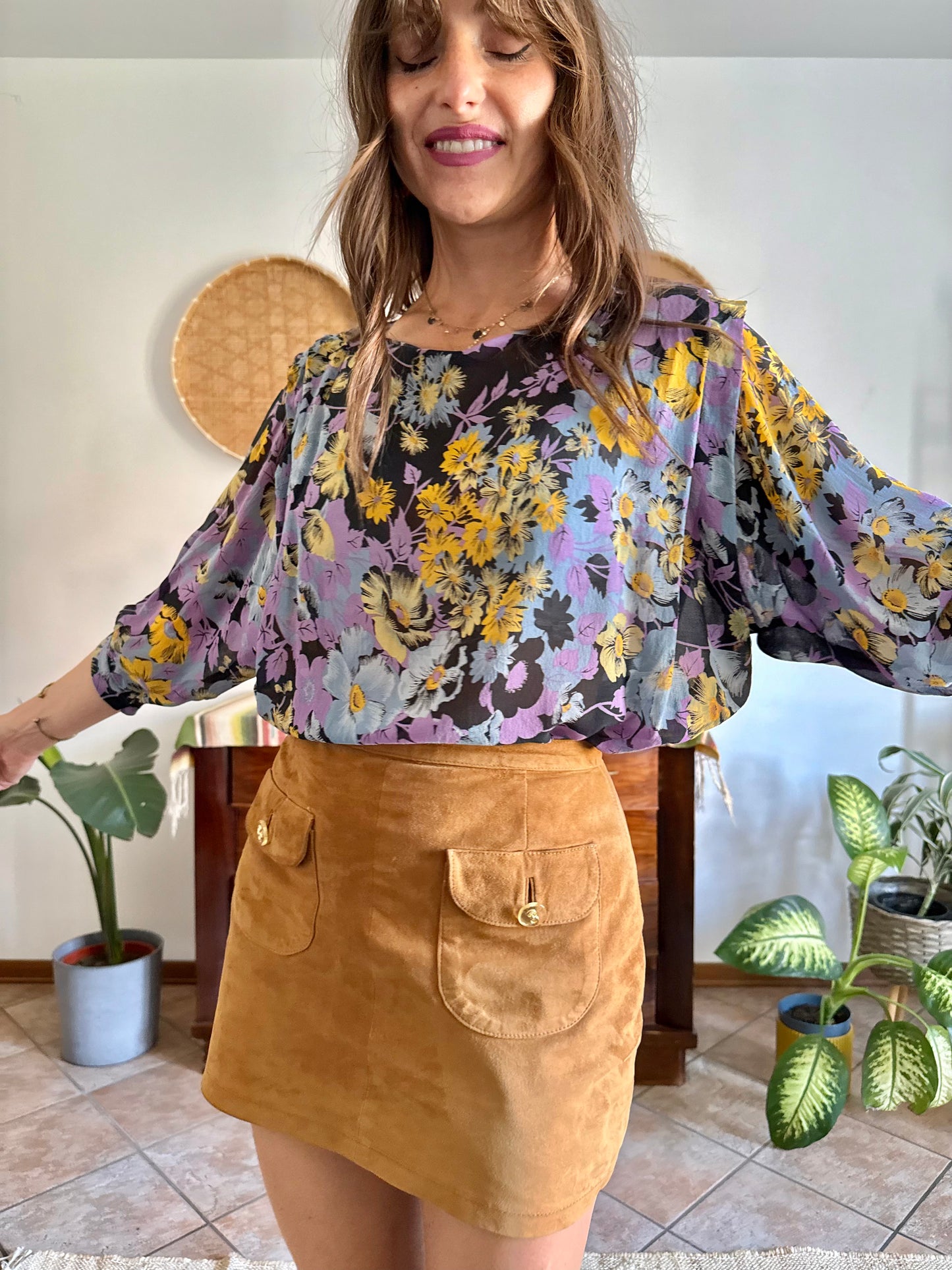 1970's vintage lilac, blue and yellow semi sheer floral print silk blouse