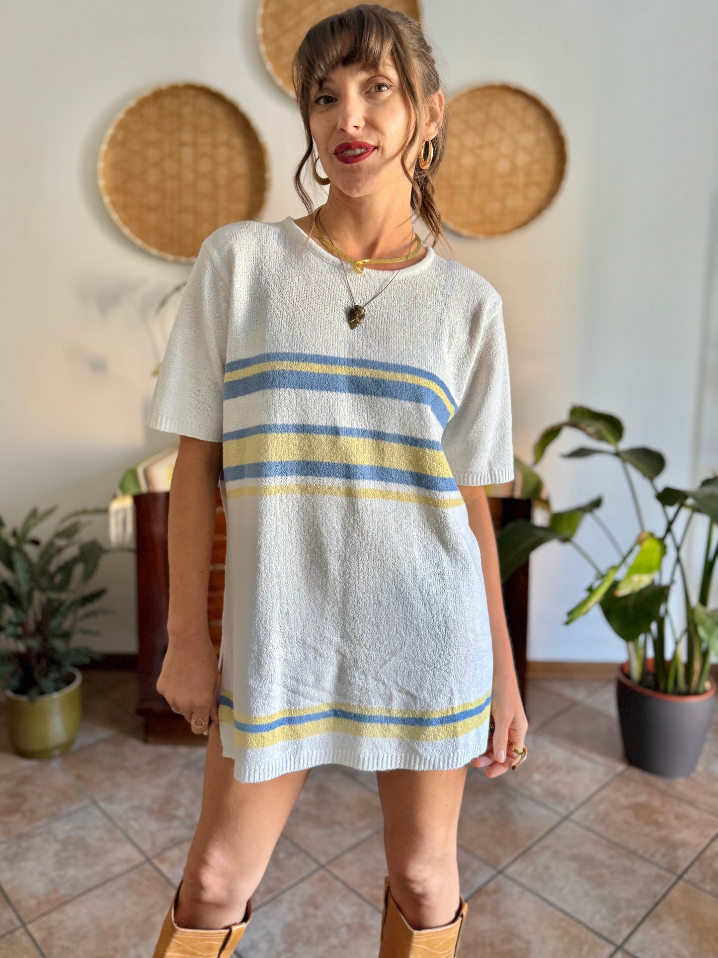 1990's vintage cream knit mini dress with blue and yellow stripes