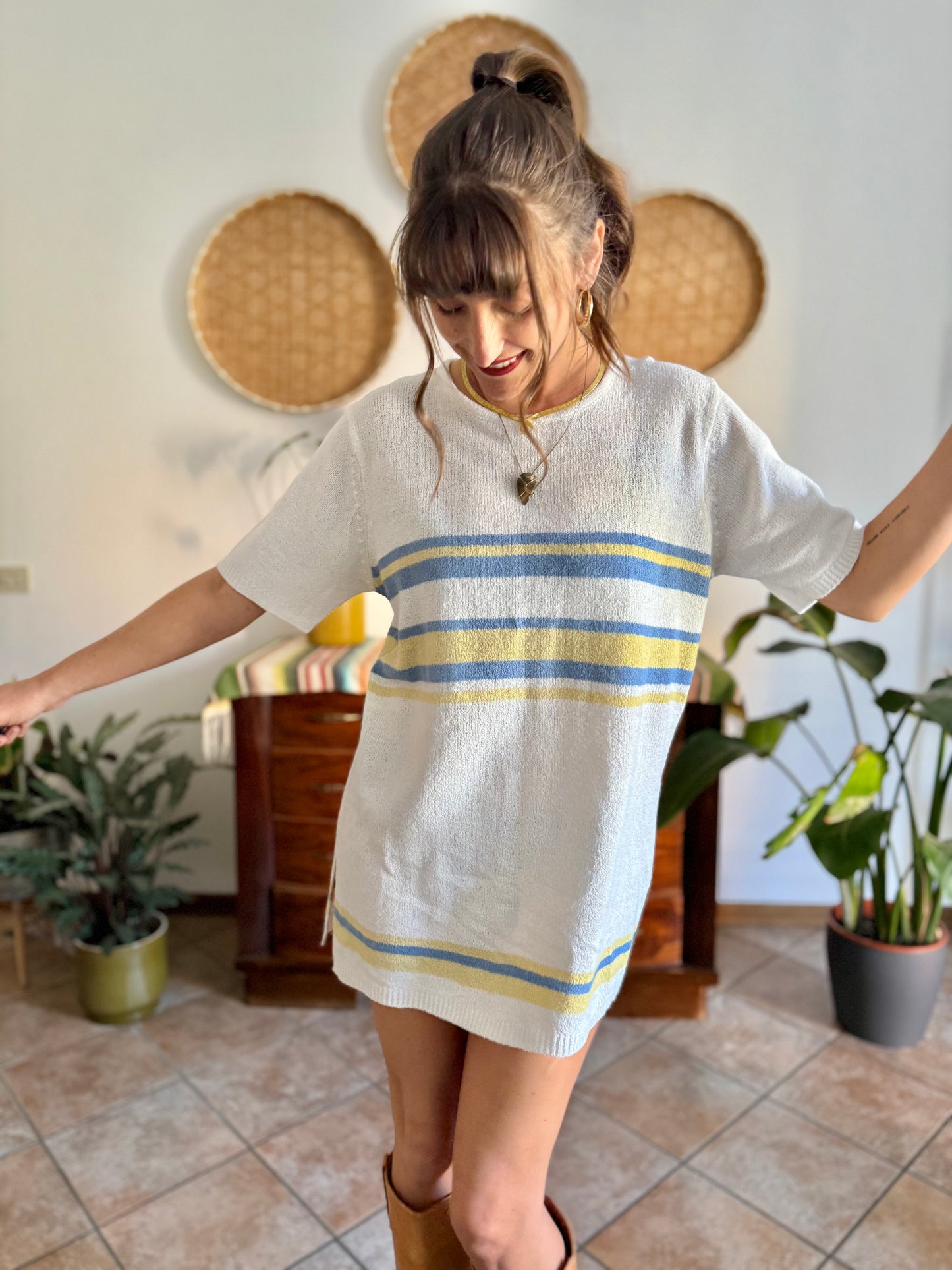 1990's vintage cream knit mini dress with blue and yellow stripes