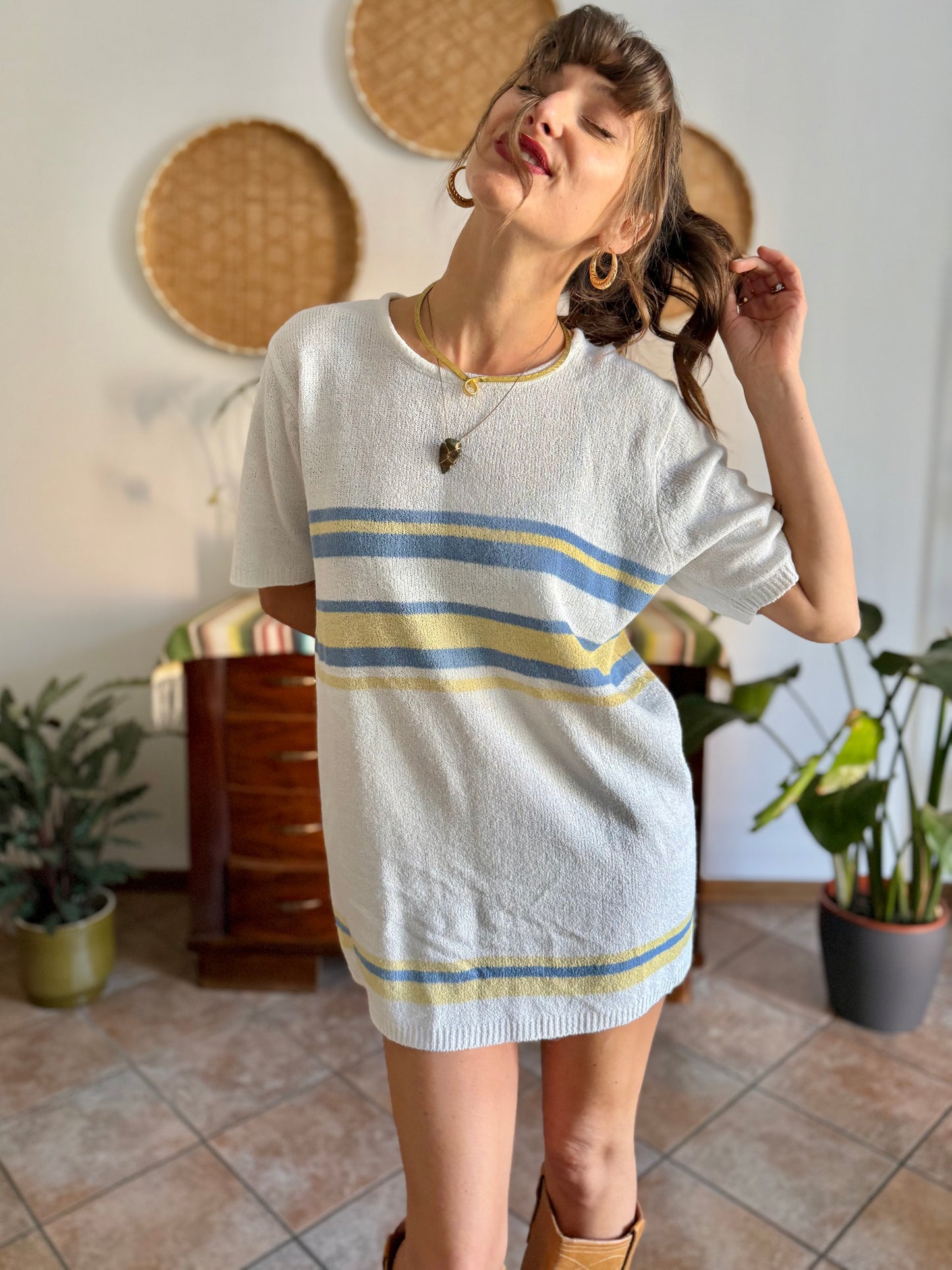 1990's vintage cream knit mini dress with blue and yellow stripes