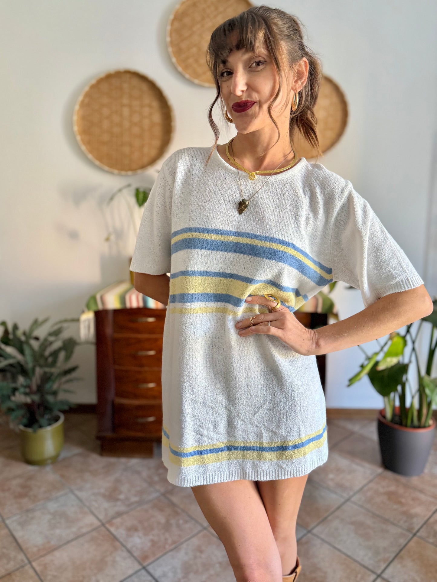 1990's vintage cream knit mini dress with blue and yellow stripes
