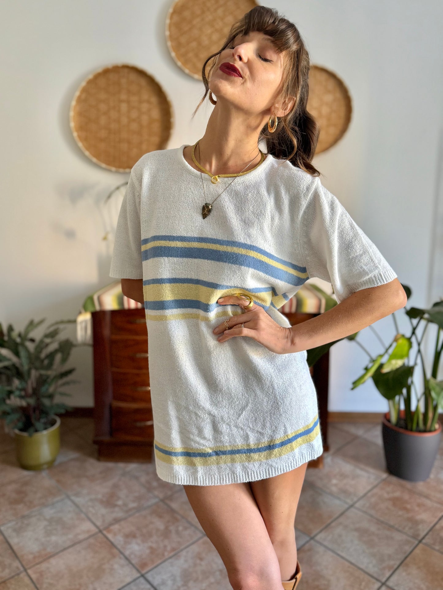 1990's vintage cream knit mini dress with blue and yellow stripes