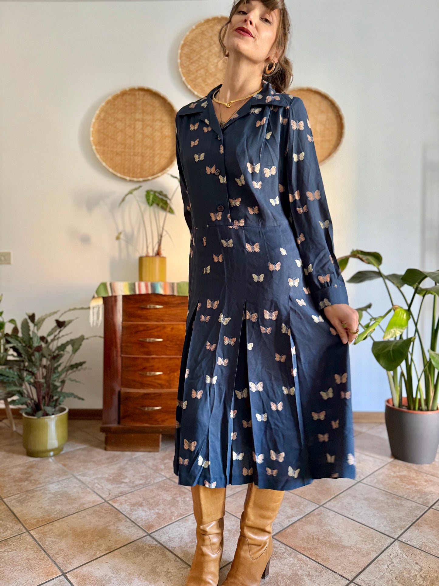 1970's vintage navy pleated midi dress with butterfly print