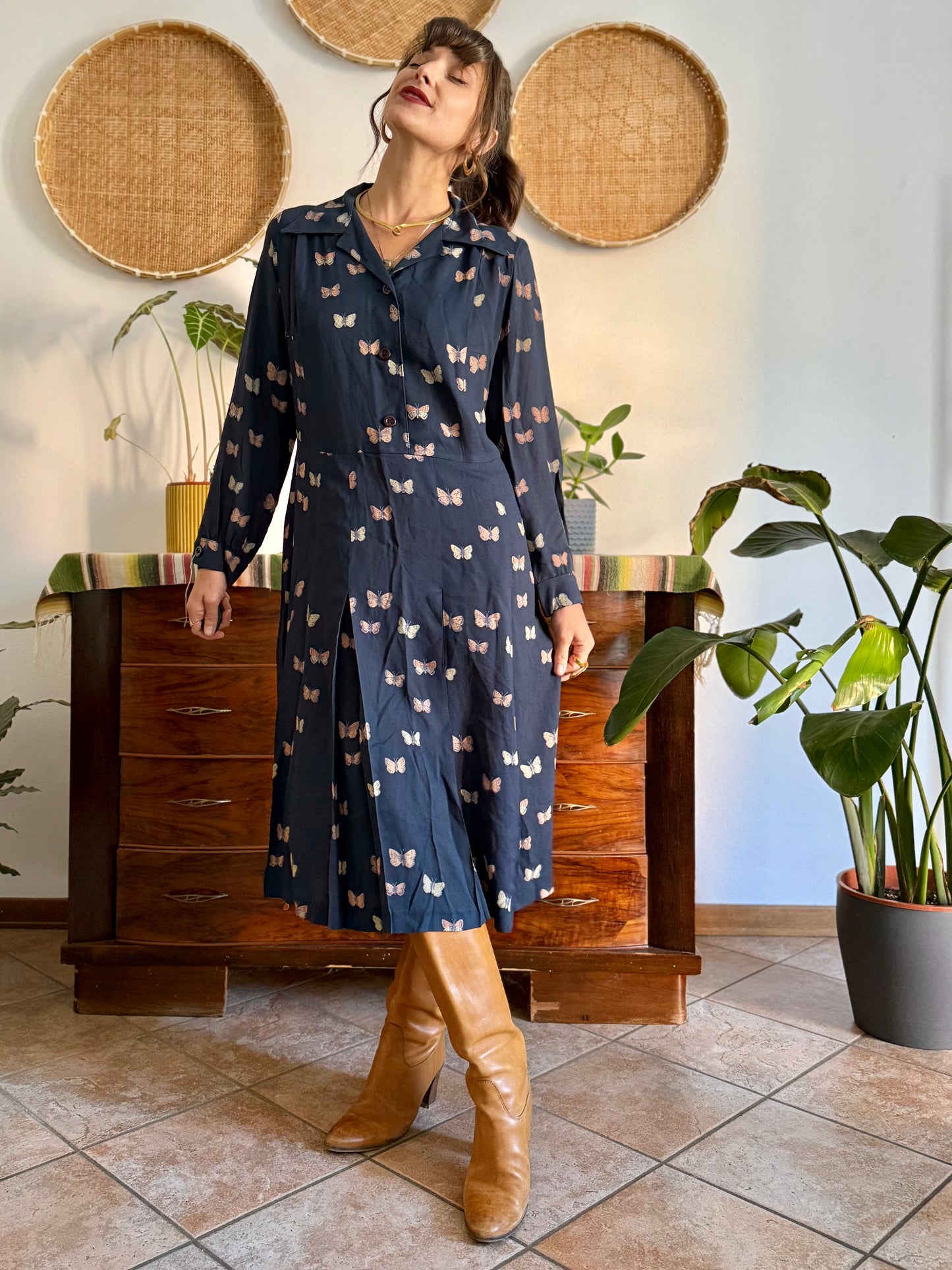 1970's vintage navy pleated midi dress with butterfly print