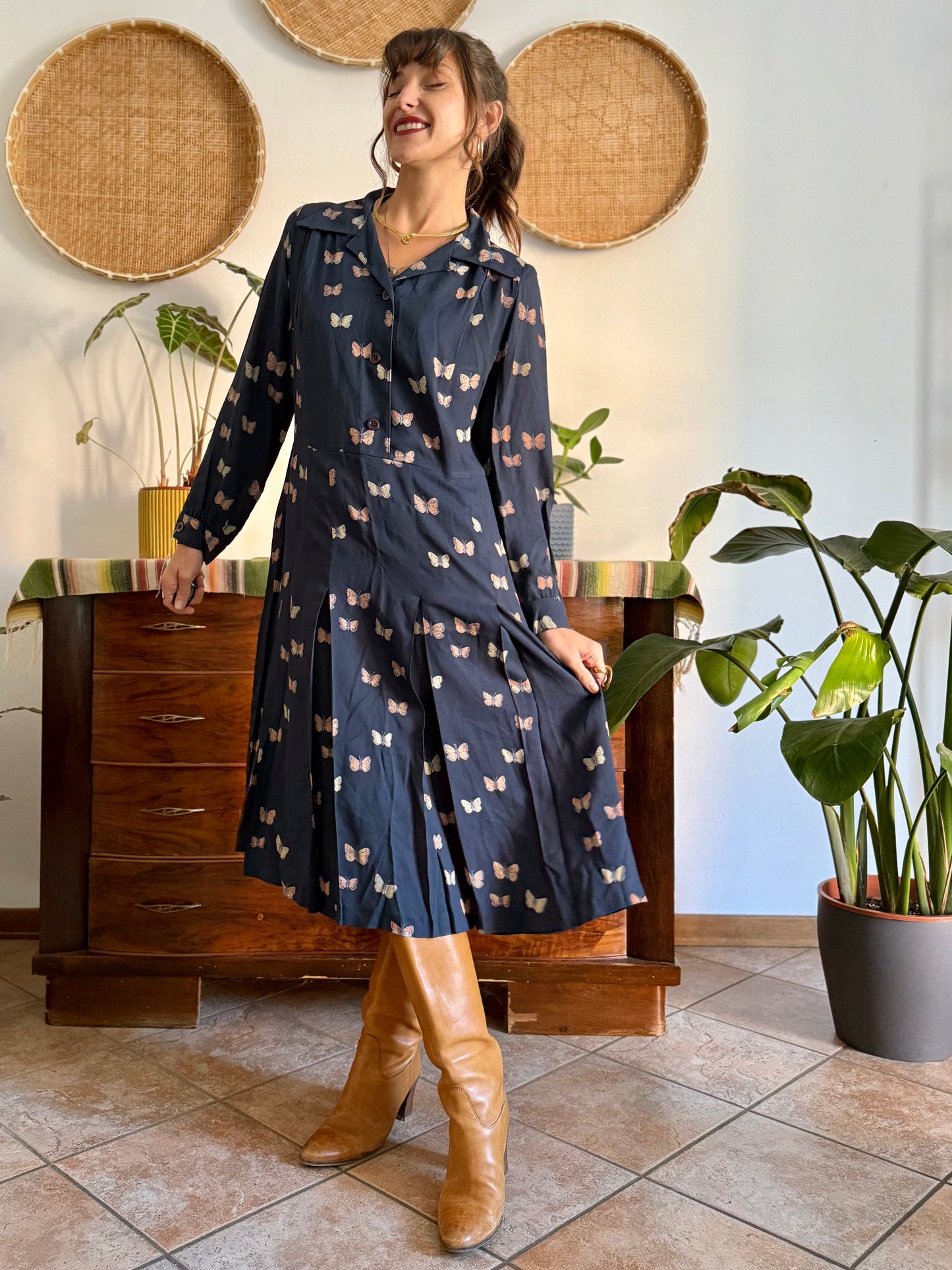1970's vintage navy pleated midi dress with butterfly print