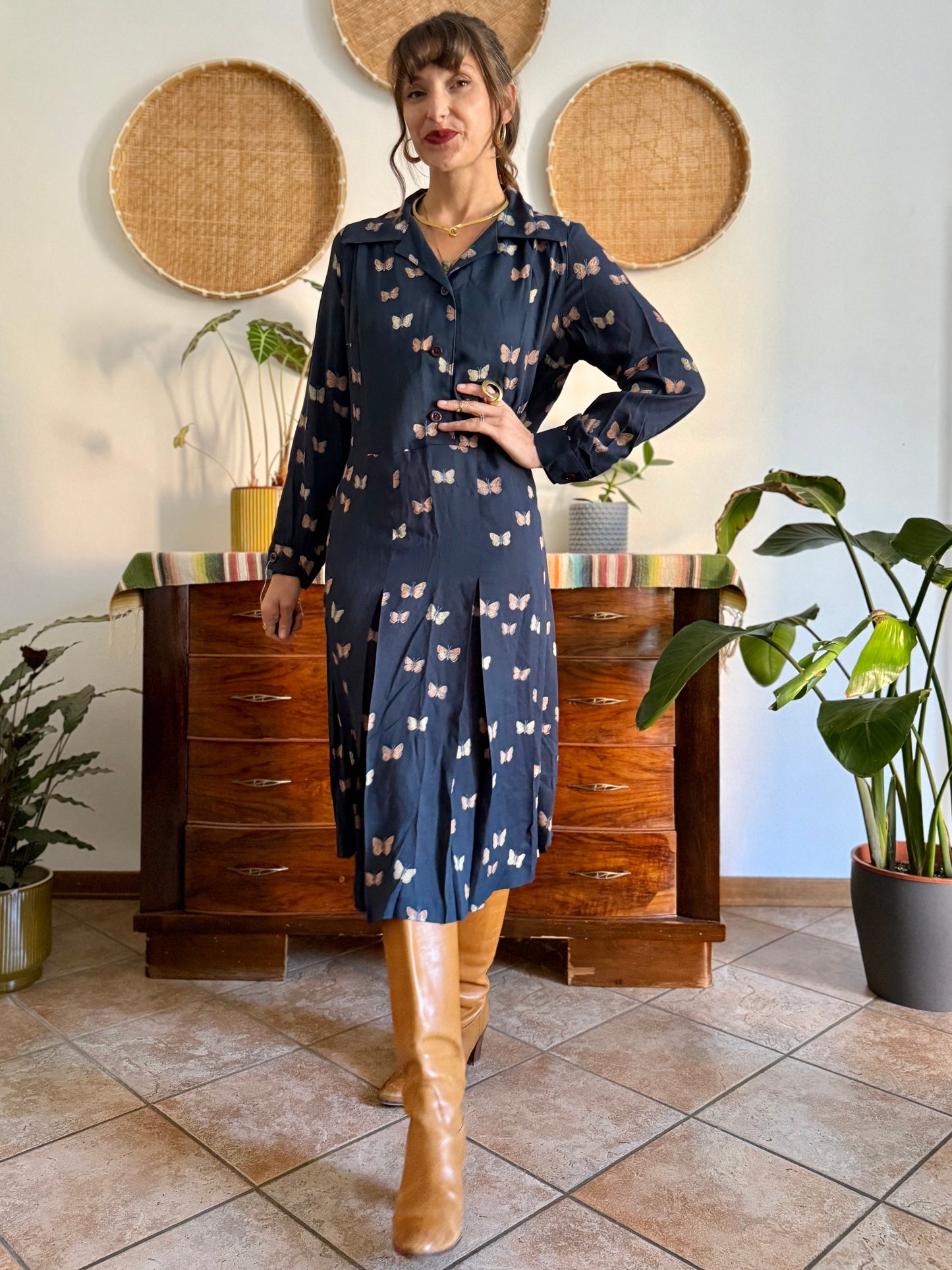 1970's vintage navy pleated midi dress with butterfly print