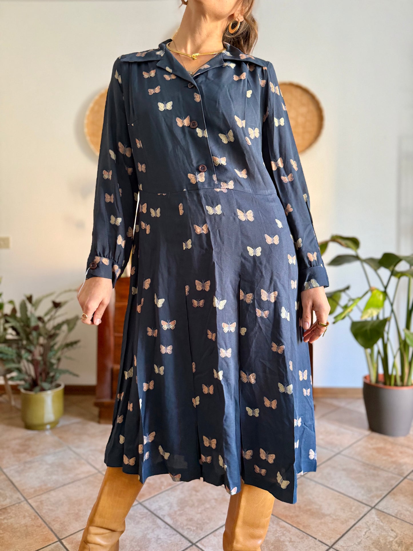 1970's vintage navy pleated midi dress with butterfly print