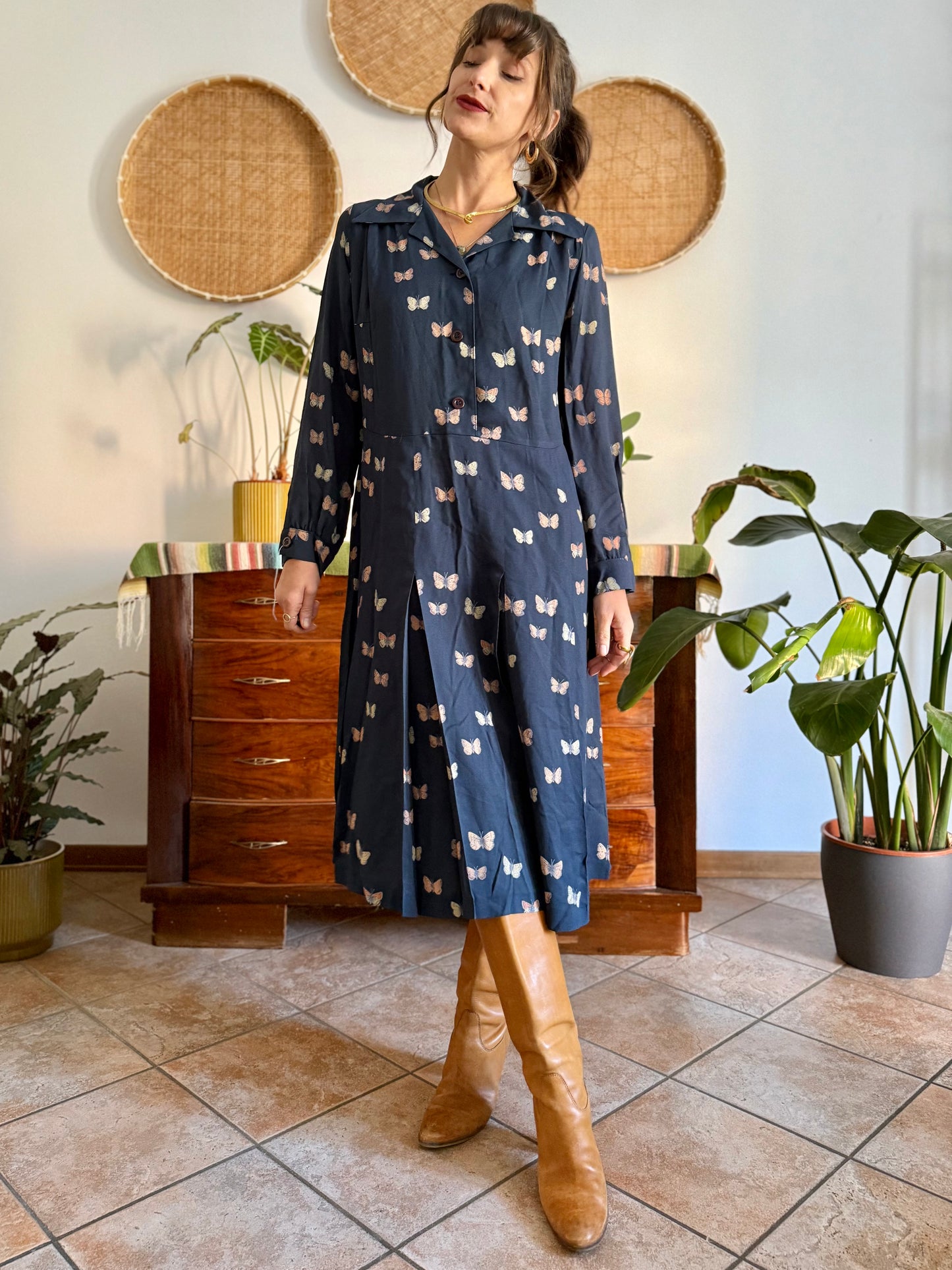 1970's vintage navy pleated midi dress with butterfly print