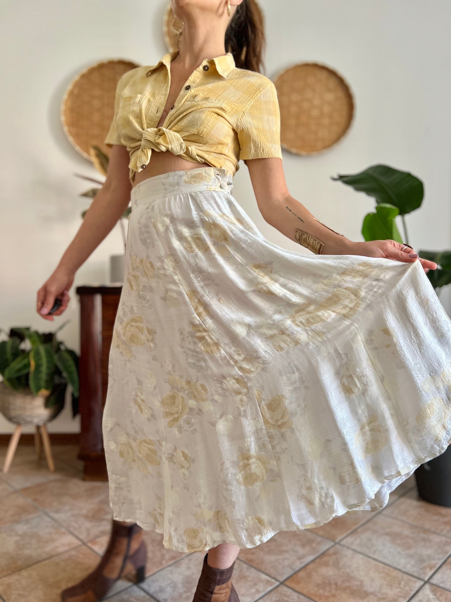 1970's vintage cream and gold iridescent textured floral woven midi skirt