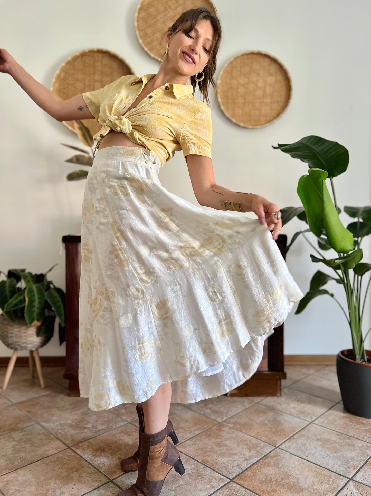 1970's vintage cream and gold iridescent textured floral woven midi skirt