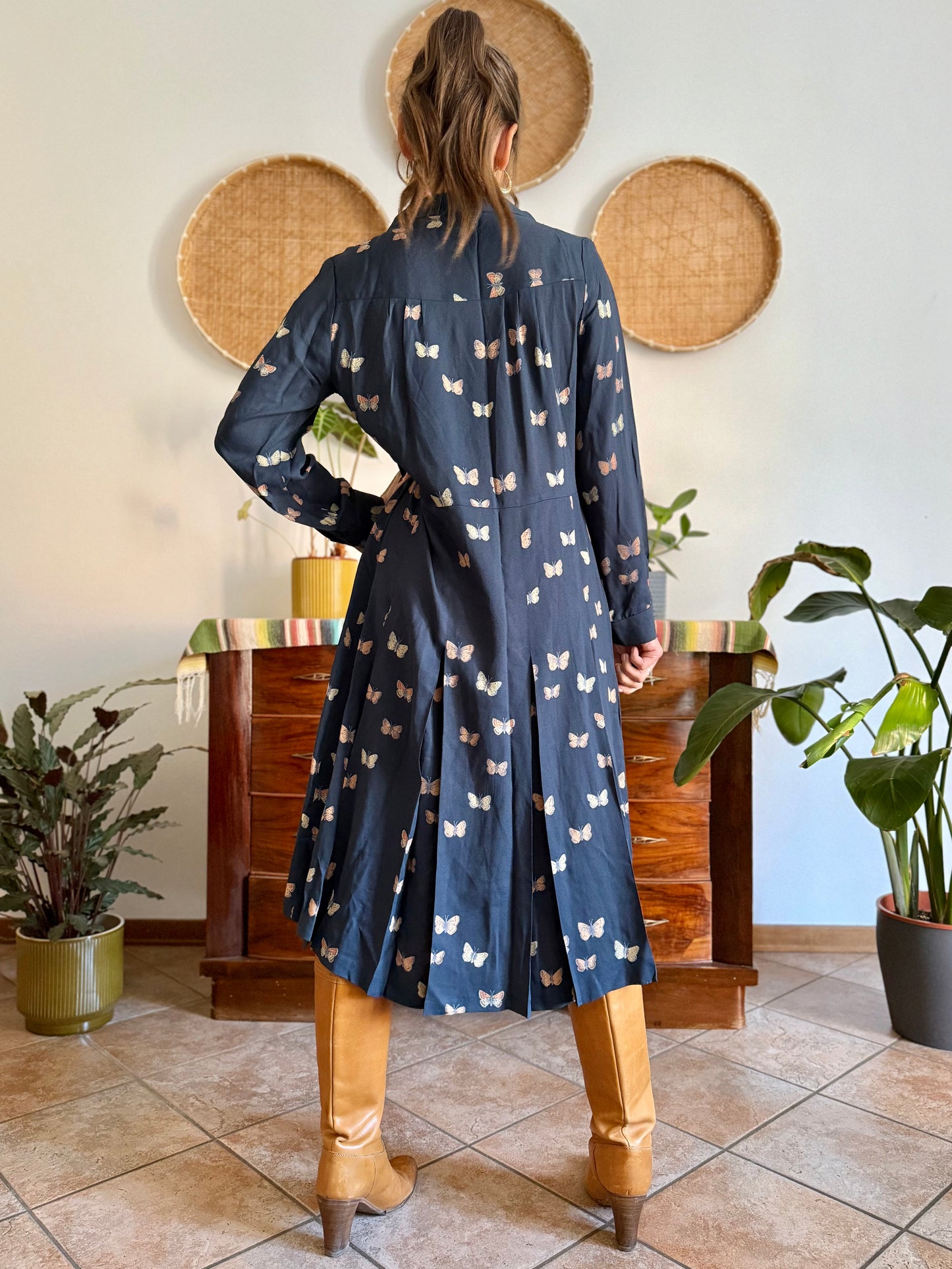 1970's vintage navy pleated midi dress with butterfly print