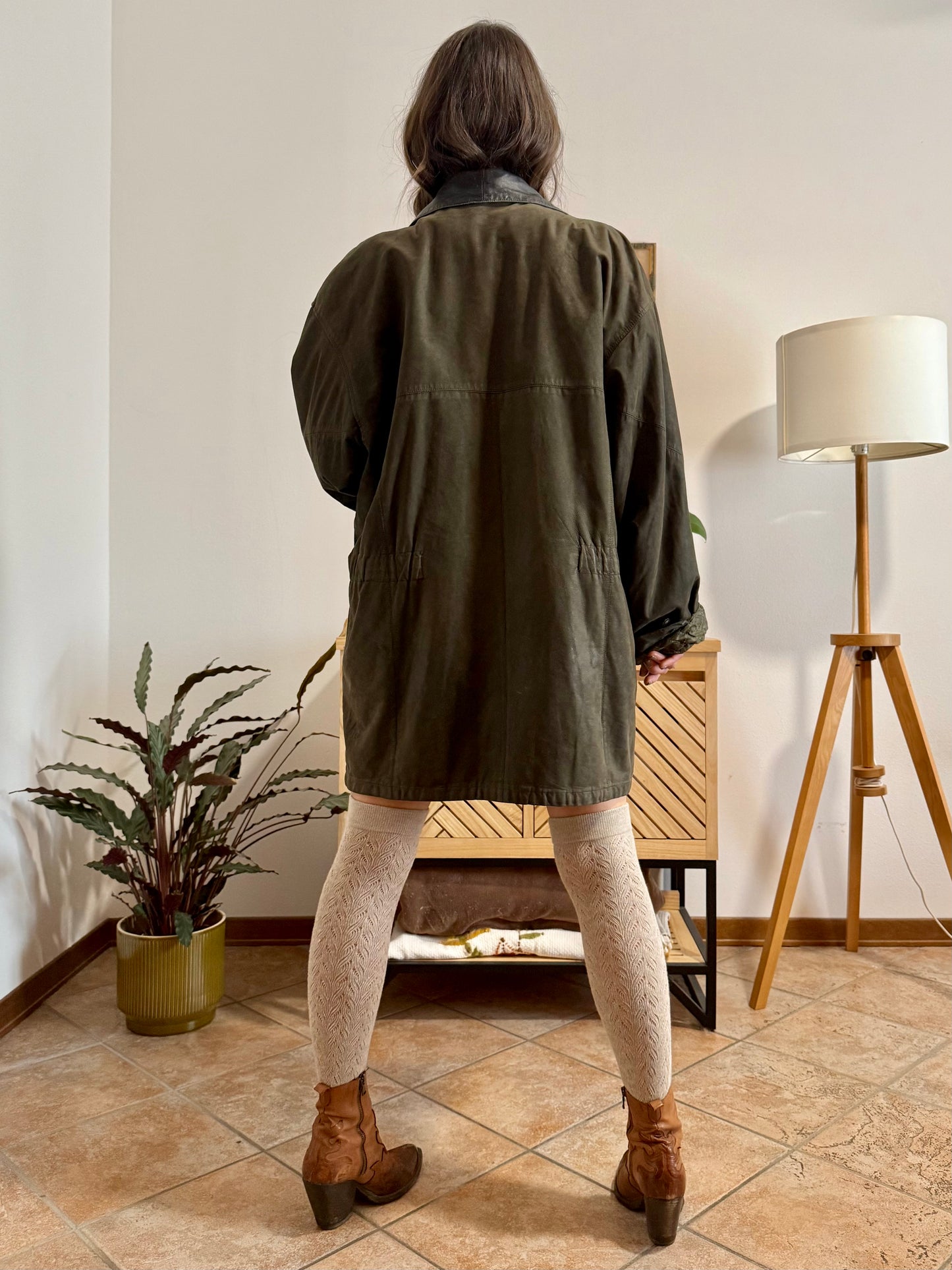 1990's vintage military green leather coat with quilted paisley lining