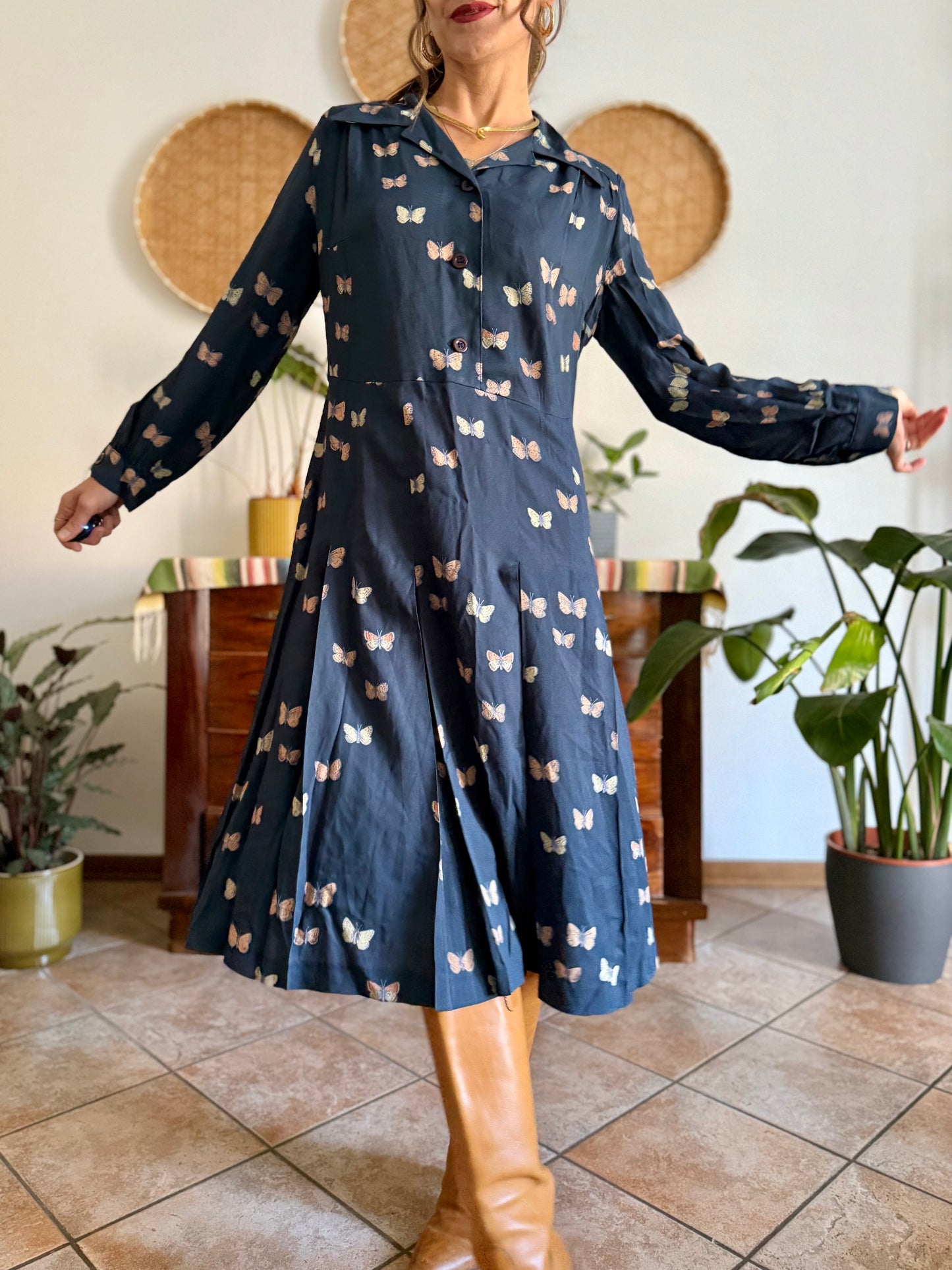 1970's vintage navy pleated midi dress with butterfly print