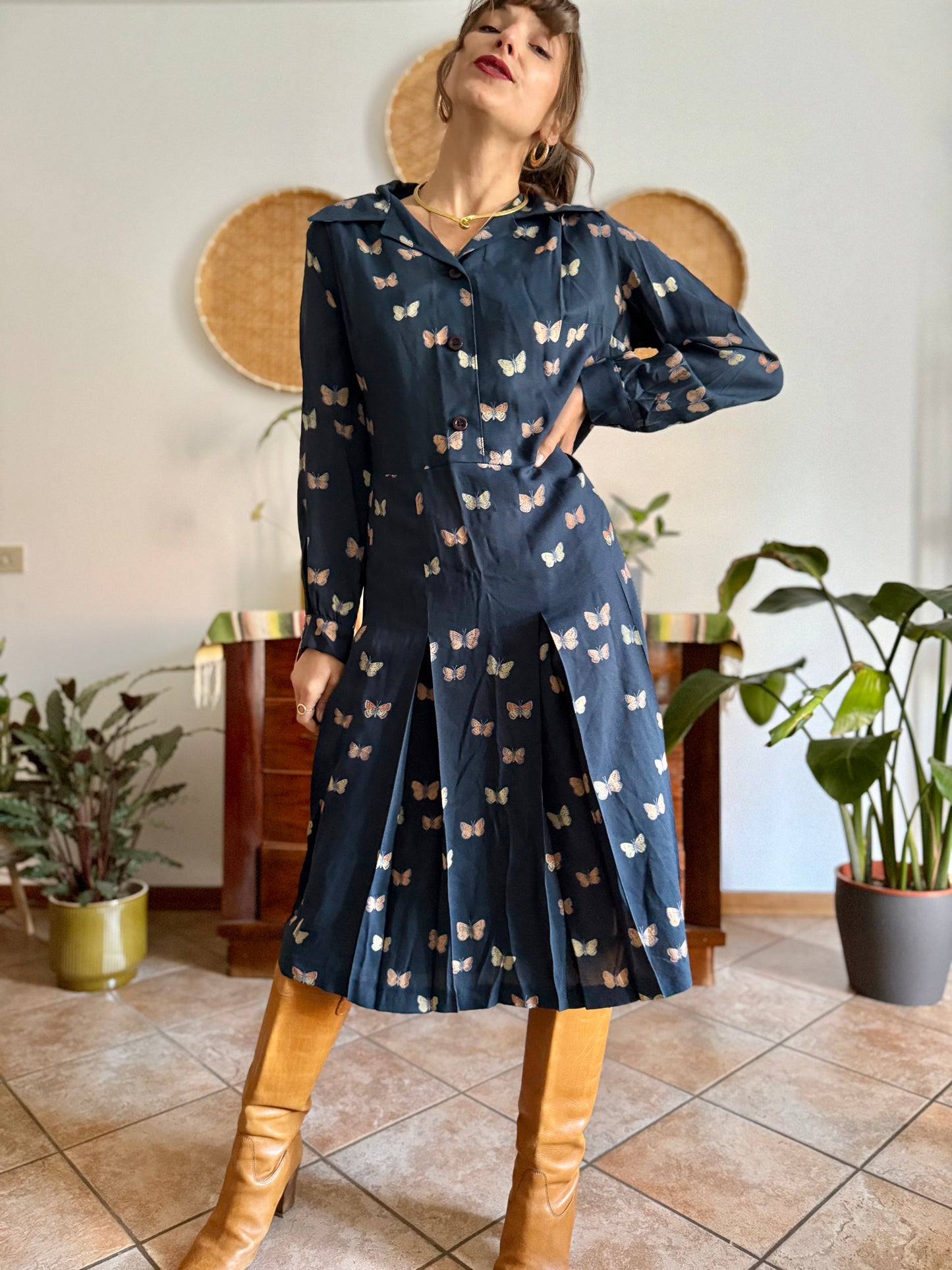 1970's vintage navy pleated midi dress with butterfly print