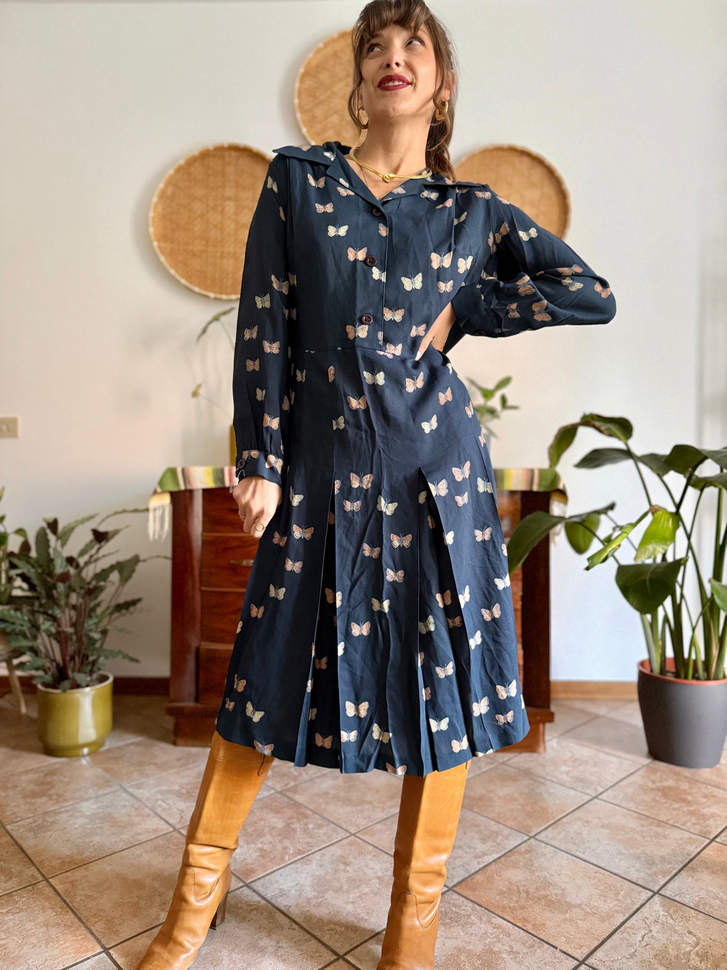 1970's vintage navy pleated midi dress with butterfly print