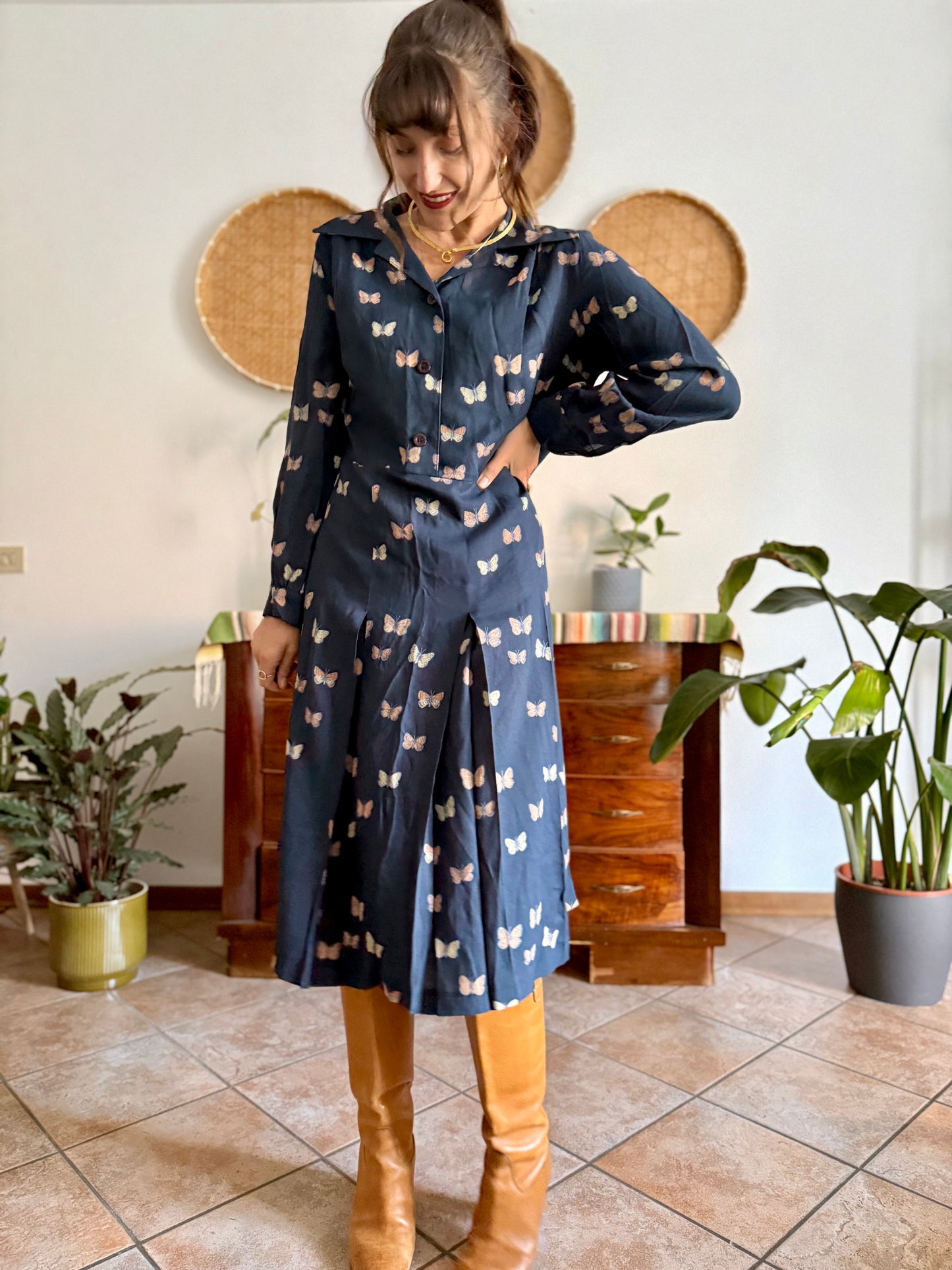 1970's vintage navy pleated midi dress with butterfly print
