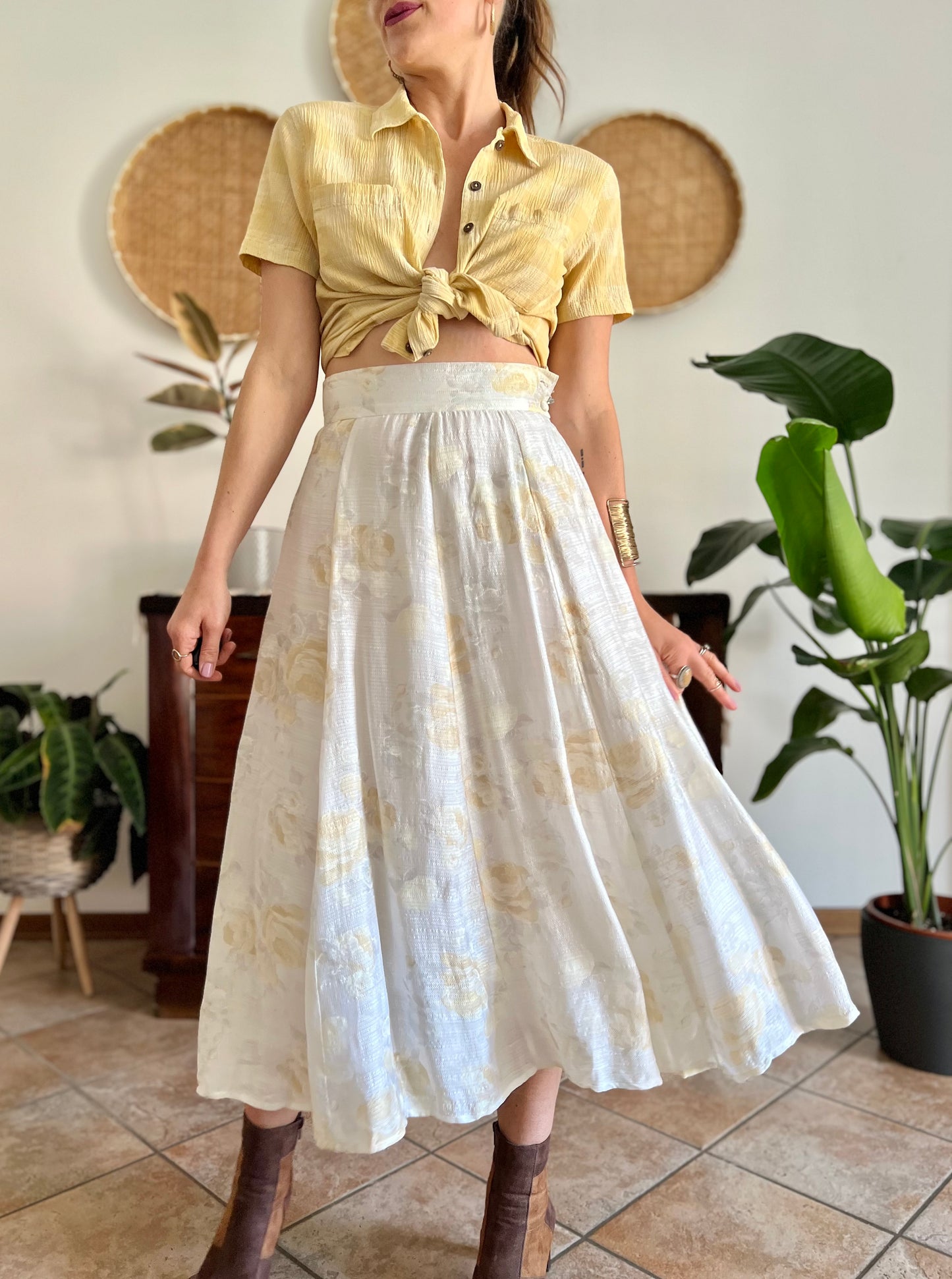 1970's vintage cream and gold iridescent textured floral woven midi skirt
