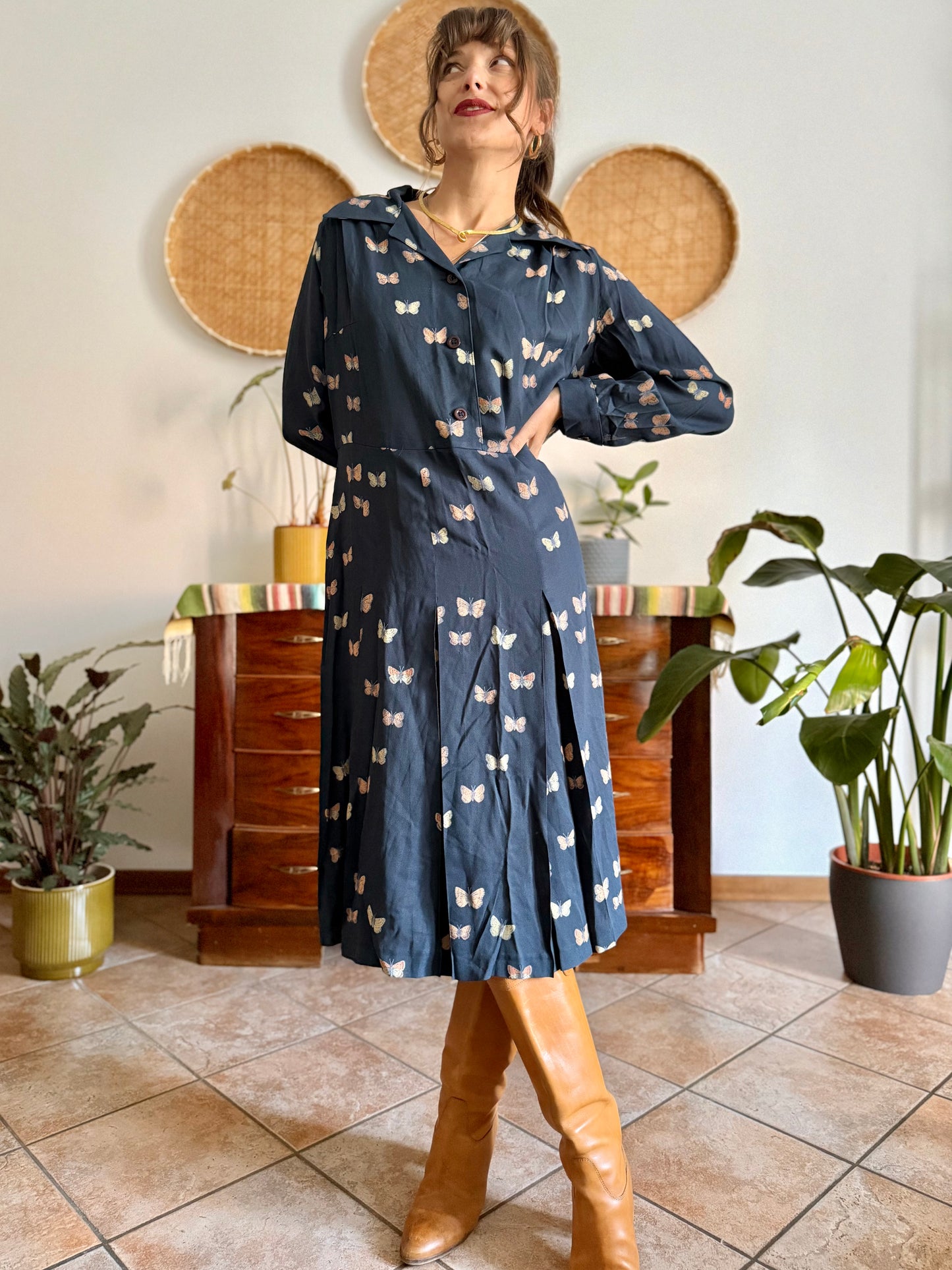 1970's vintage navy pleated midi dress with butterfly print
