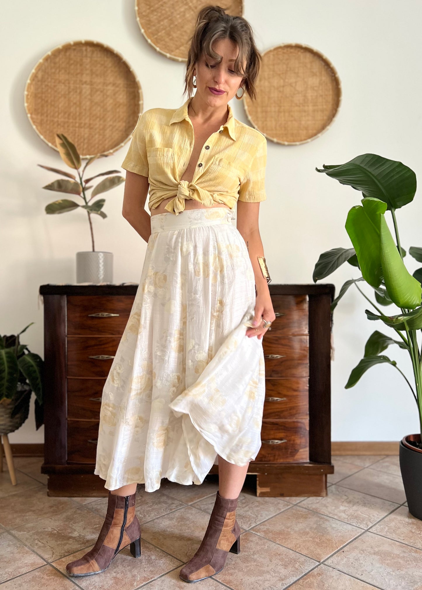 1970's vintage cream and gold iridescent textured floral woven midi skirt