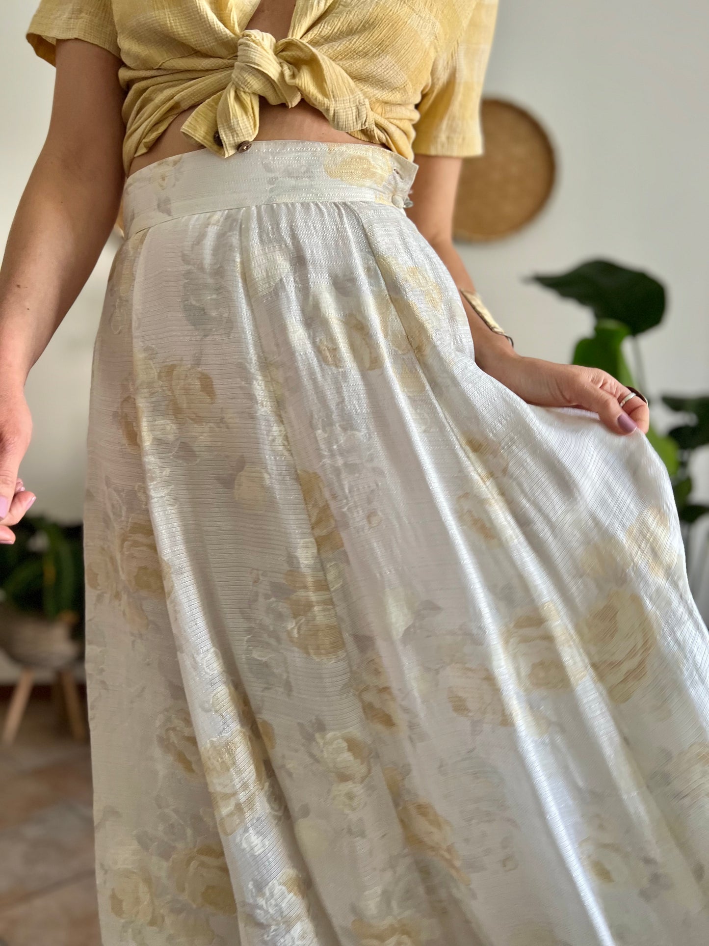 1970's vintage cream and gold iridescent textured floral woven midi skirt