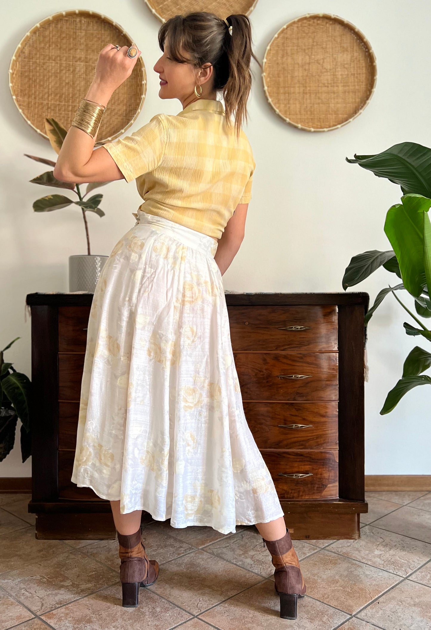 1970's vintage cream and gold iridescent textured floral woven midi skirt