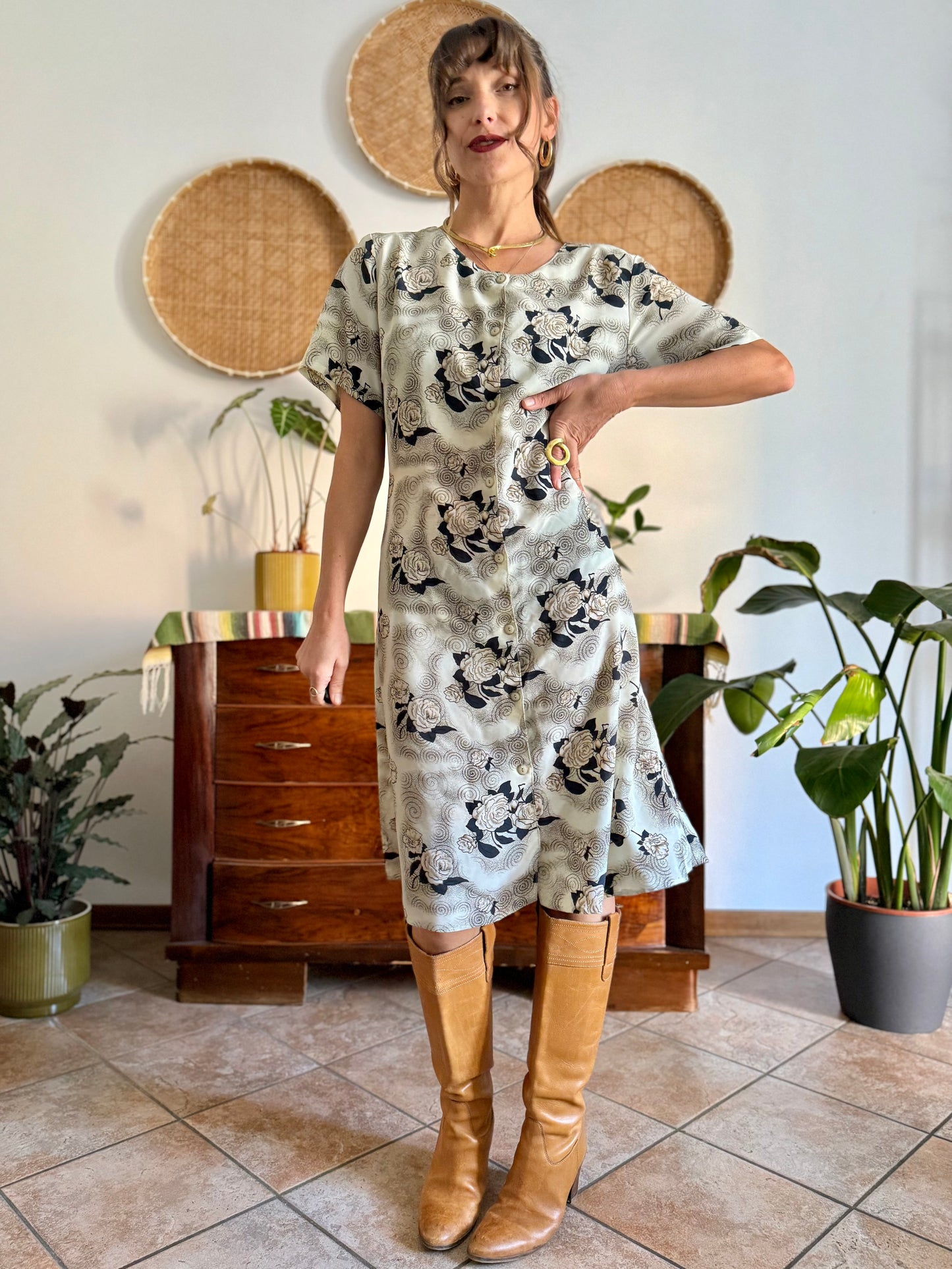 1970's vintage beige midi dress with navy and tan all over floral print