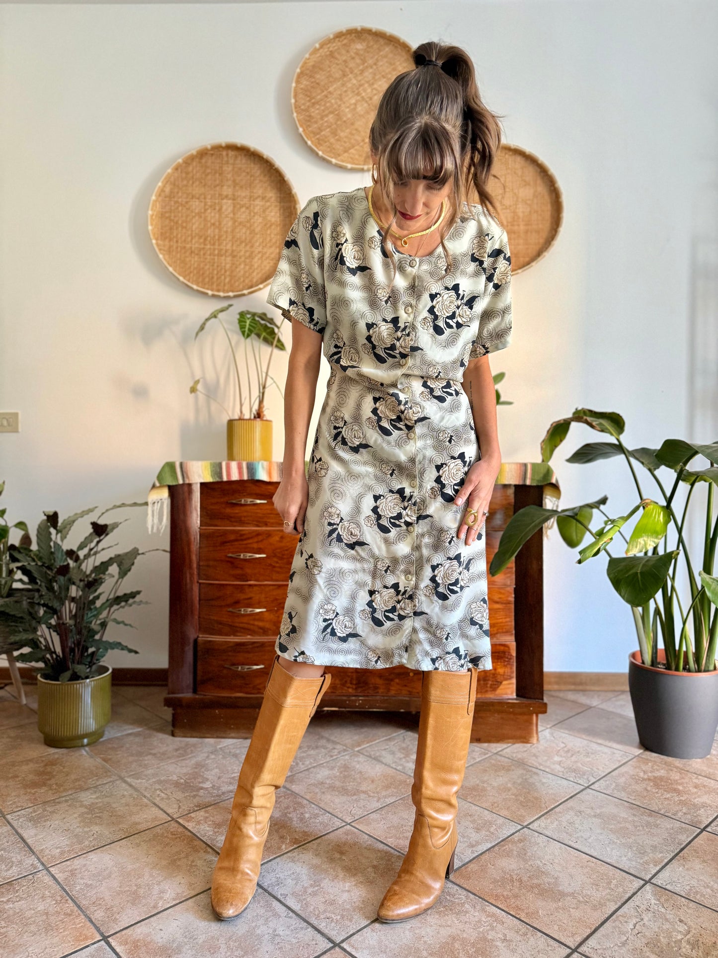 1970's vintage beige midi dress with navy and tan all over floral print