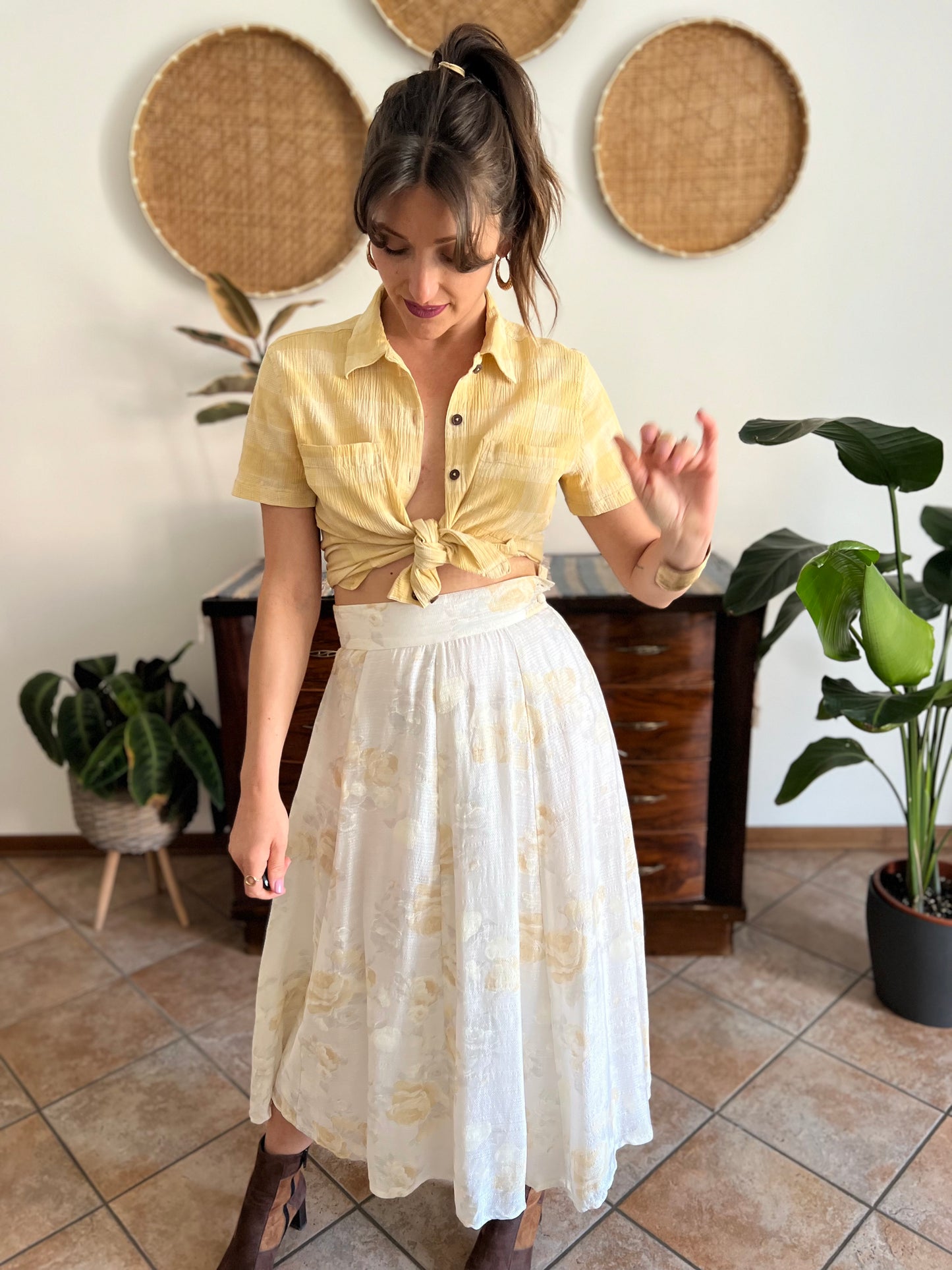 1970's vintage cream and gold iridescent textured floral woven midi skirt