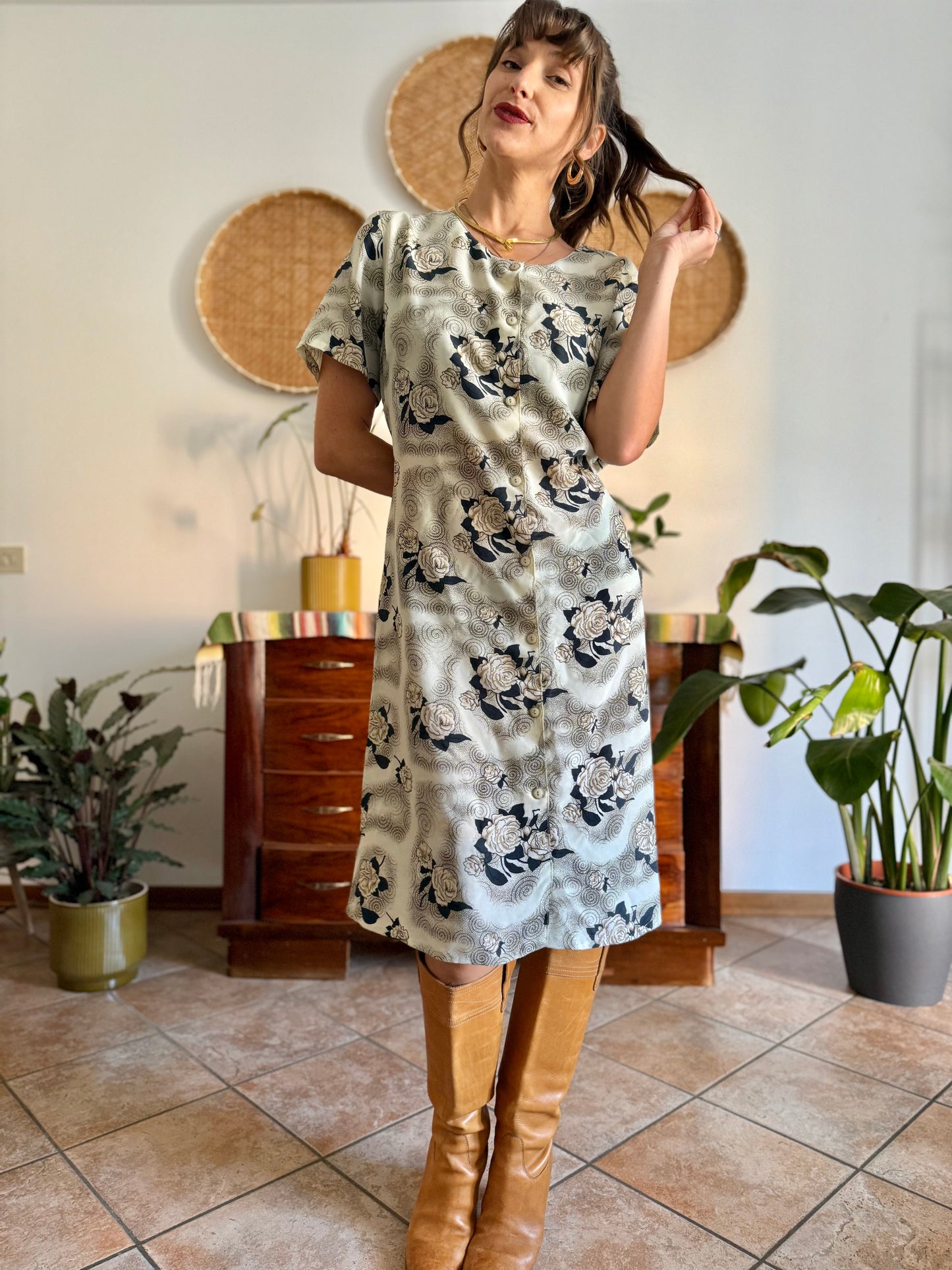 1970's vintage beige midi dress with navy and tan all over floral print