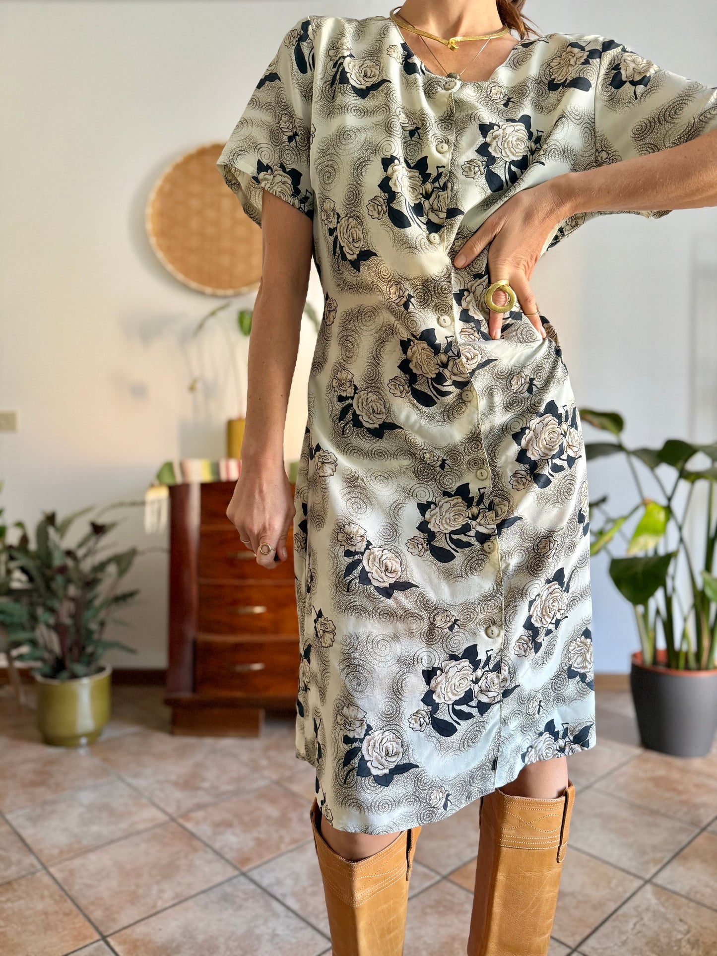 1970's vintage beige midi dress with navy and tan all over floral print
