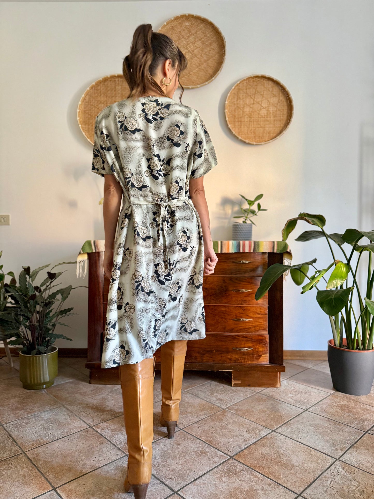1970's vintage beige midi dress with navy and tan all over floral print