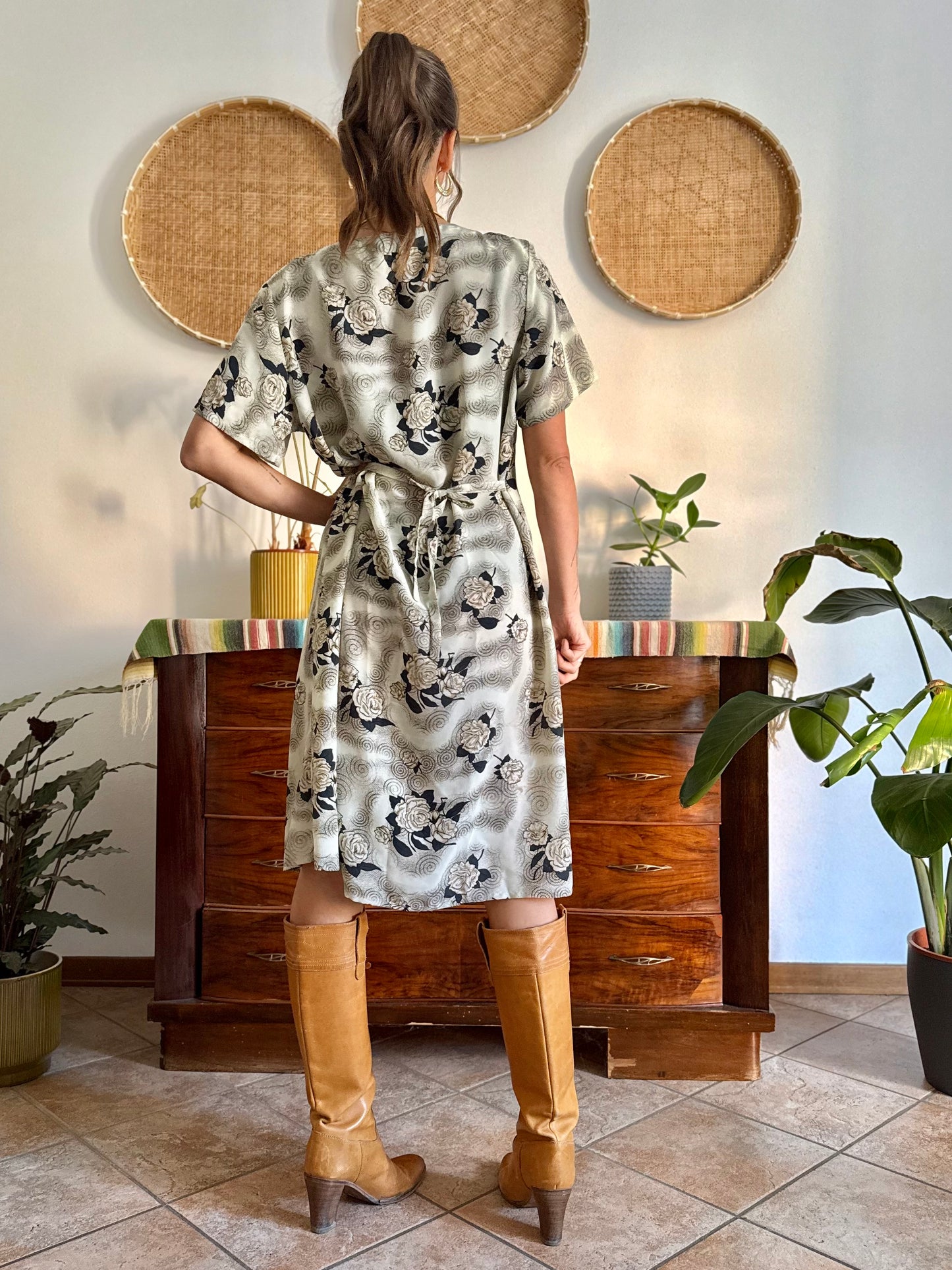 1970's vintage beige midi dress with navy and tan all over floral print