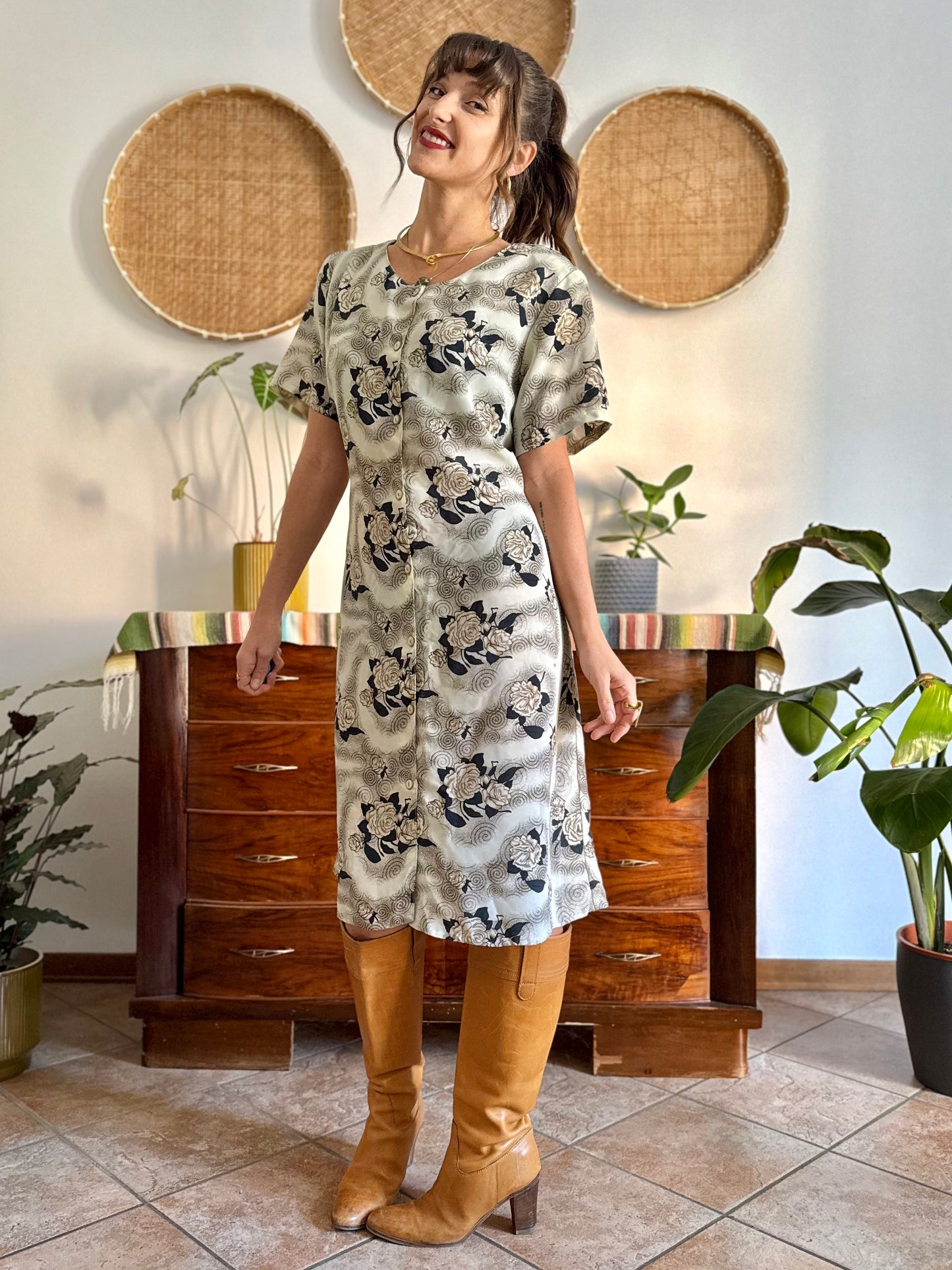 1970's vintage beige midi dress with navy and tan all over floral print
