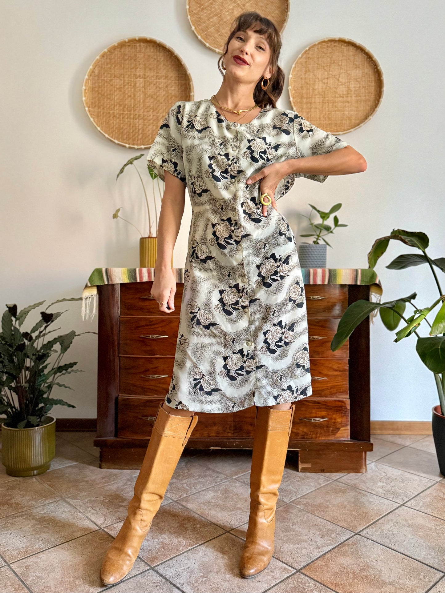 1970's vintage beige midi dress with navy and tan all over floral print
