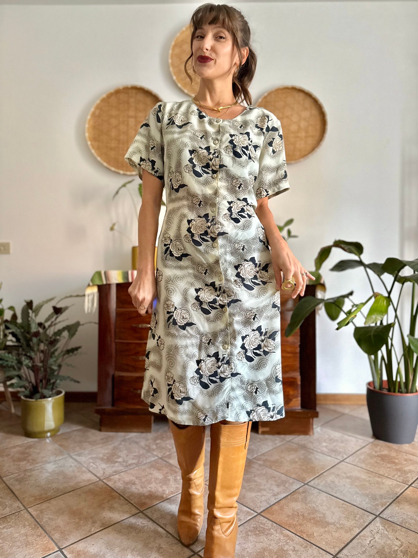 1970's vintage beige midi dress with navy and tan all over floral print