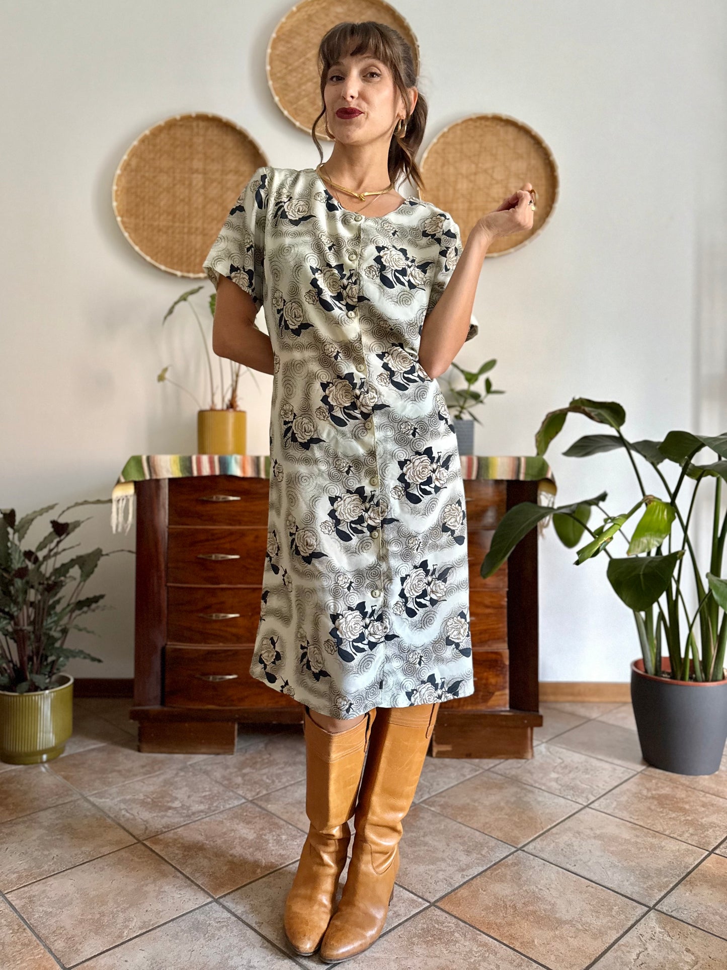 1970's vintage beige midi dress with navy and tan all over floral print