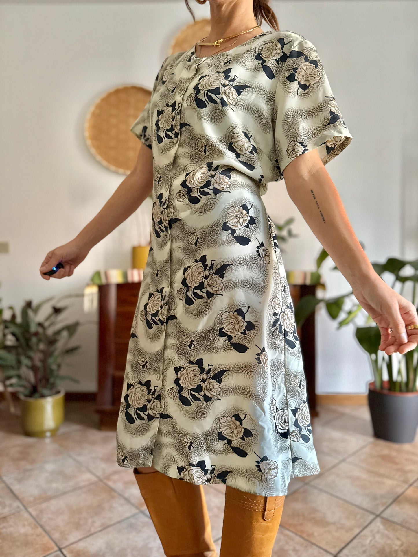 1970's vintage beige midi dress with navy and tan all over floral print