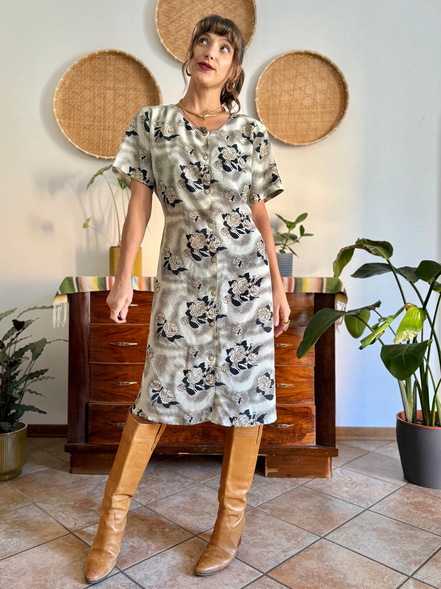 1970's vintage beige midi dress with navy and tan all over floral print