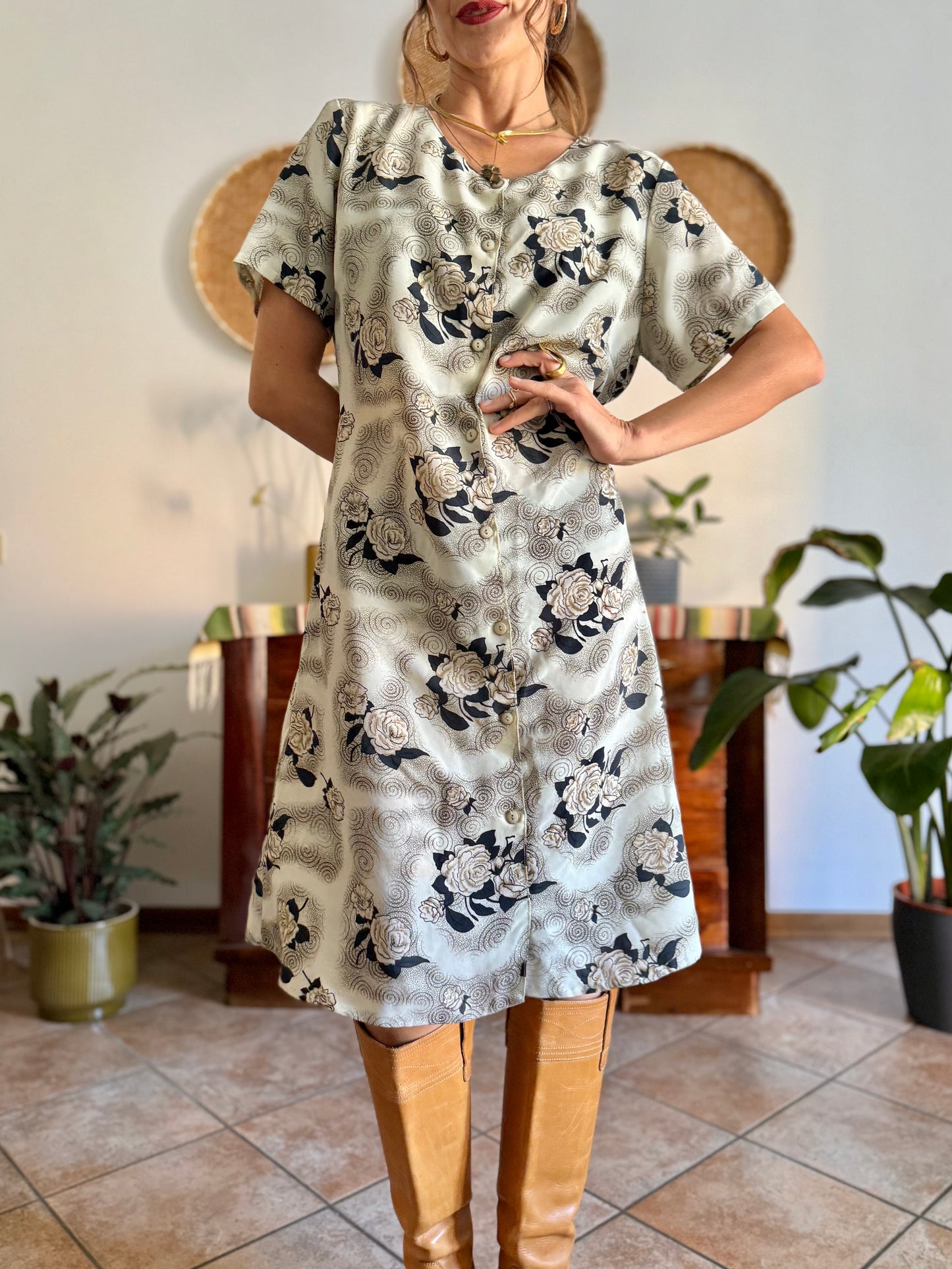 1970's vintage beige midi dress with navy and tan all over floral print