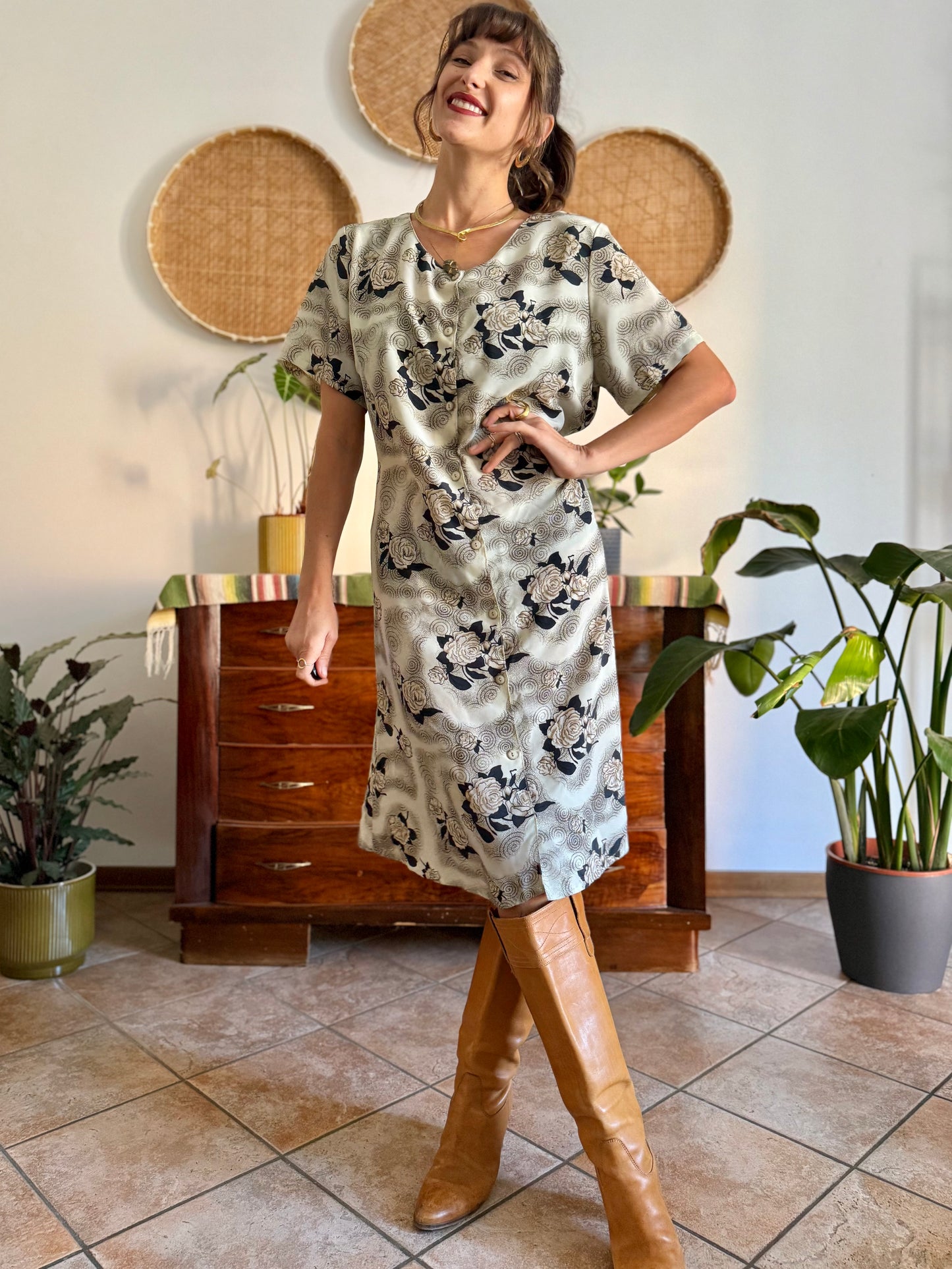 1970's vintage beige midi dress with navy and tan all over floral print