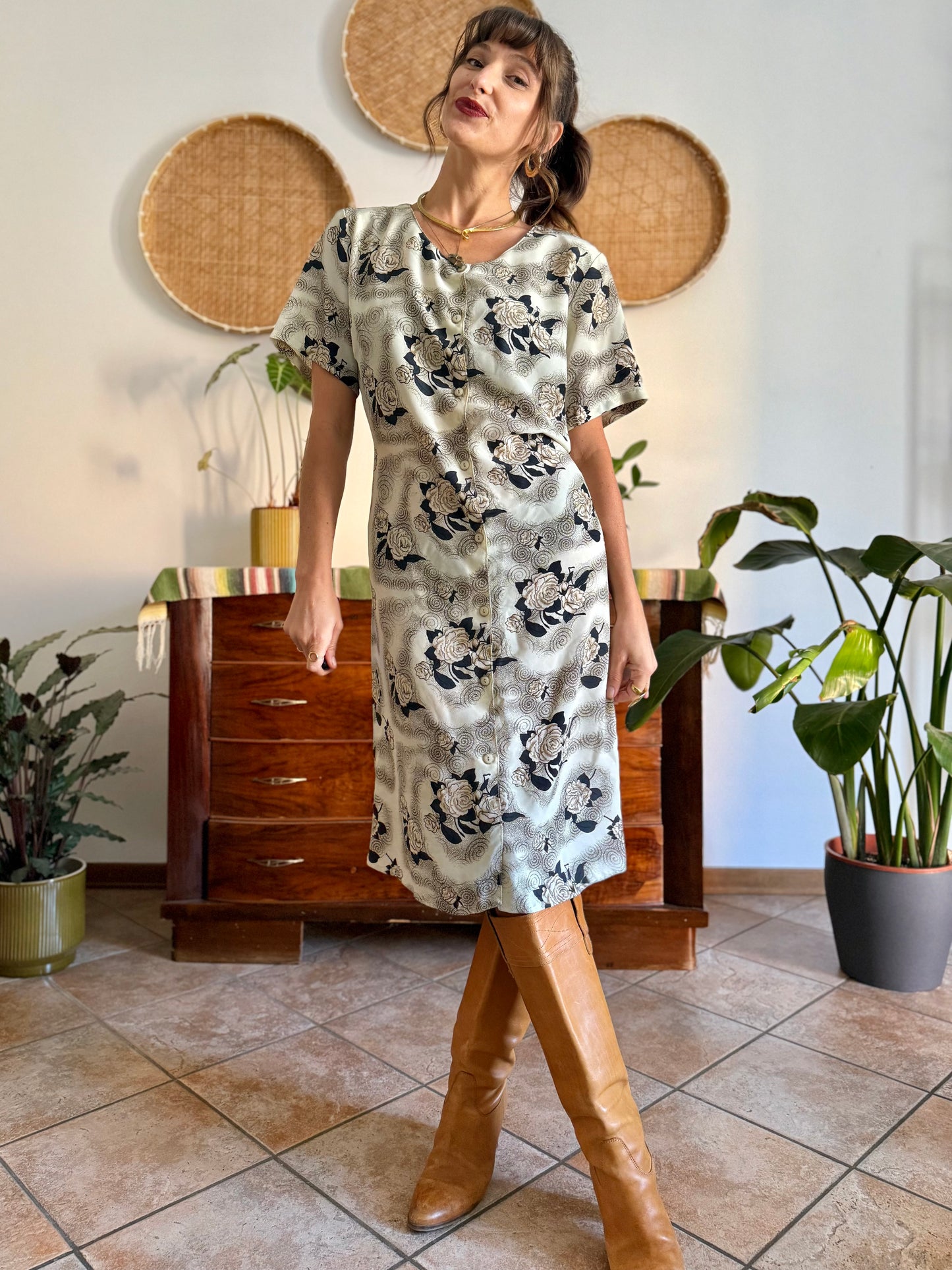 1970's vintage beige midi dress with navy and tan all over floral print