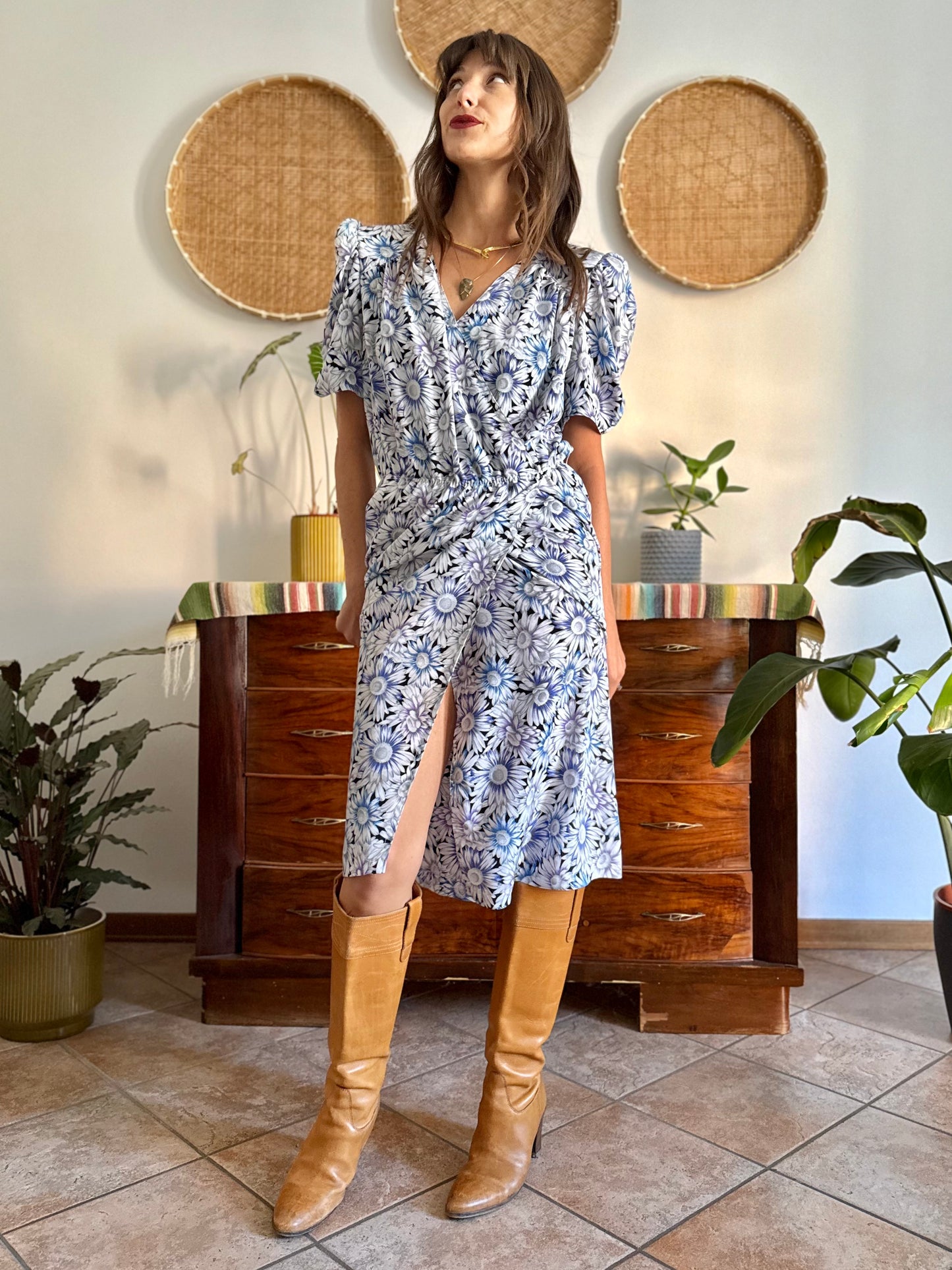 1970's vintage black and white daisy print midi dress with blue and lilac accents