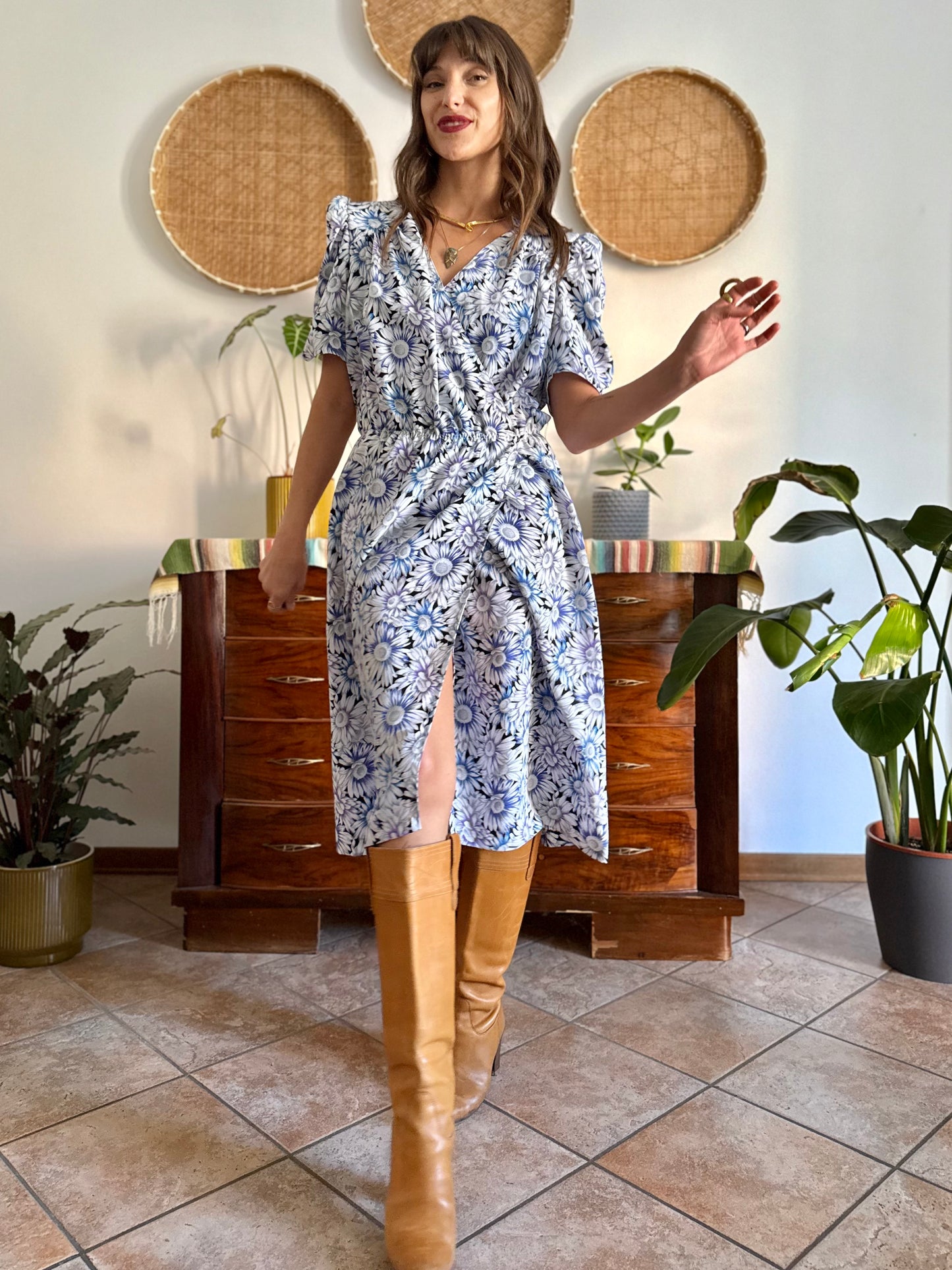 1970's vintage black and white daisy print midi dress with blue and lilac accents
