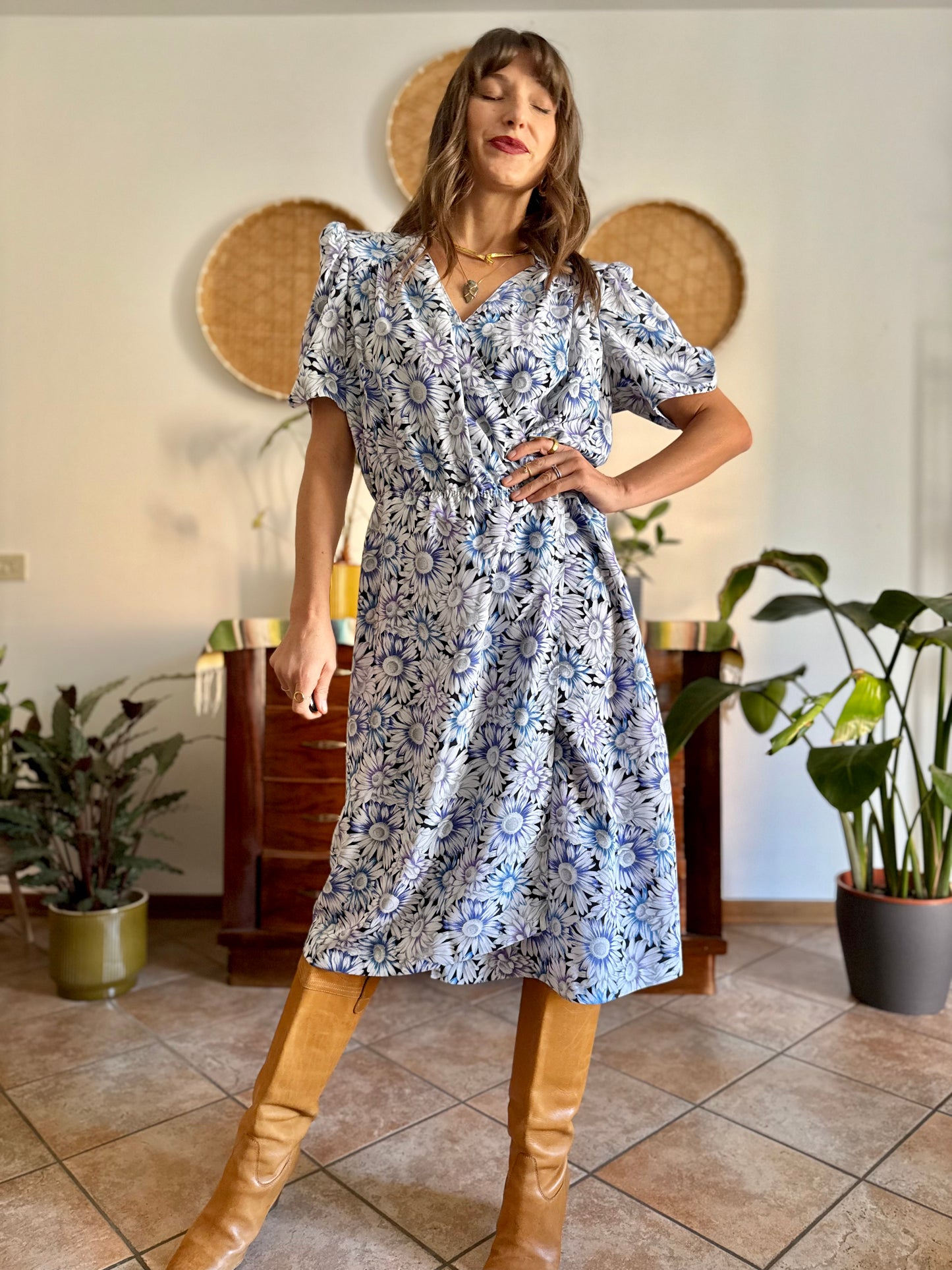 1970's vintage black and white daisy print midi dress with blue and lilac accents